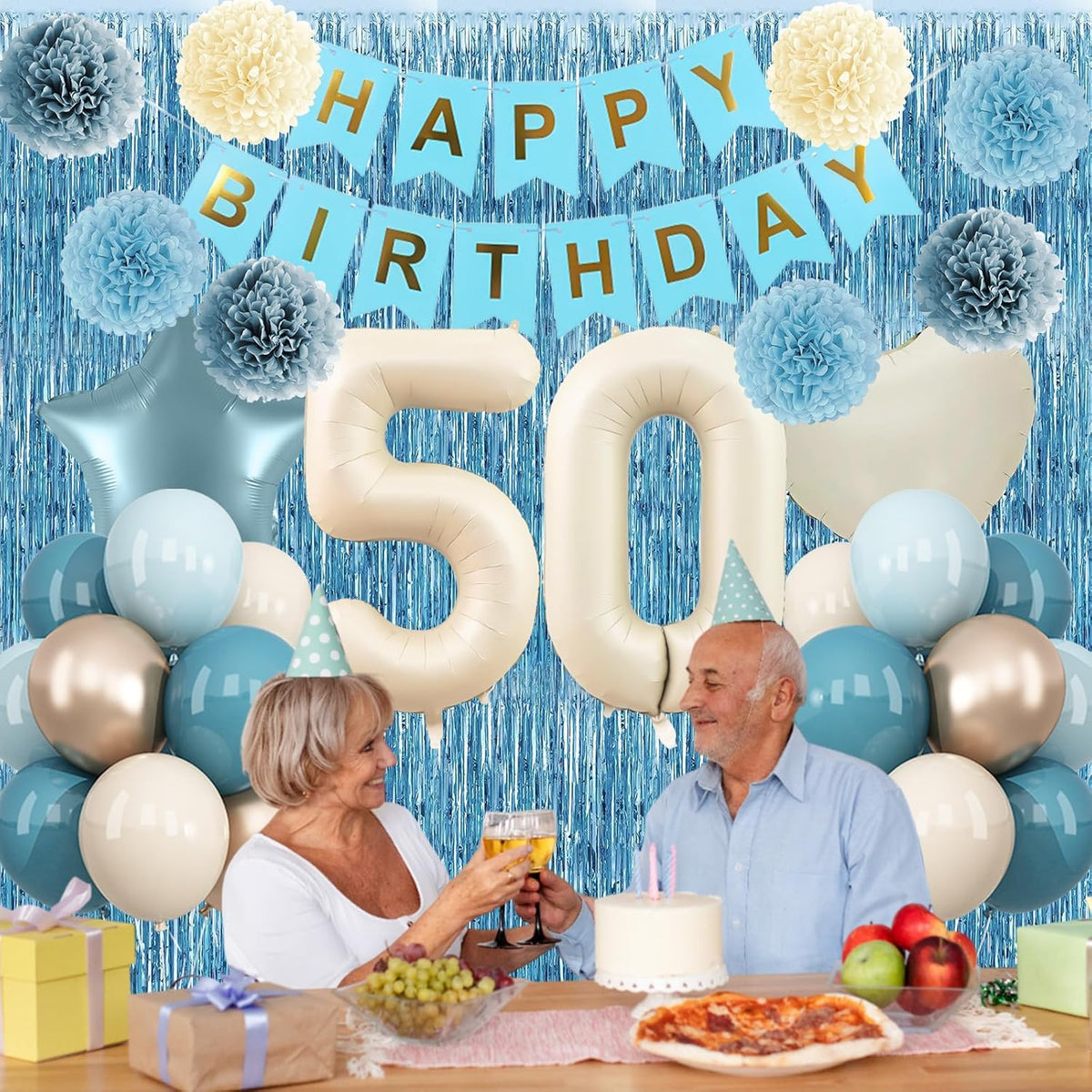 Dusty Blue 50th Birthday Party Decorations for Women Men Beige Cream Number 50 Balloon with Blue