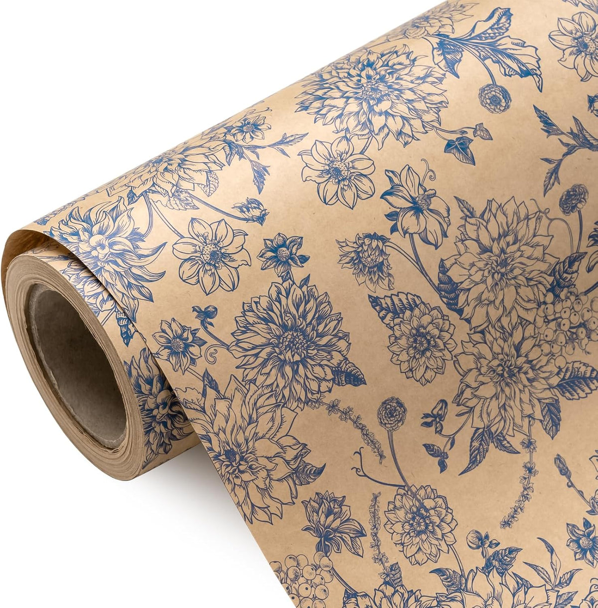 WRAPAHOLIC Kraft Blue Floral Wrapping Paper - Mini Roll - 17 Inch x 16.5 Feet - Vintage Blue Toile
