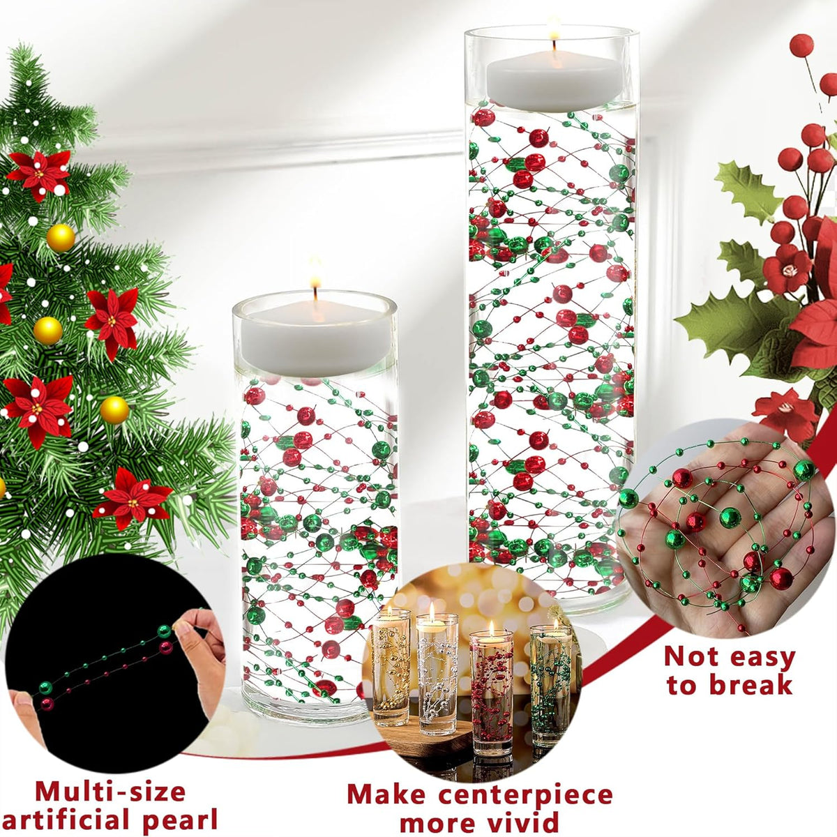 50 PCS Artificial Floating Beads for Centerpieces Vases, 8+3mm String Beads for Christmas Party
