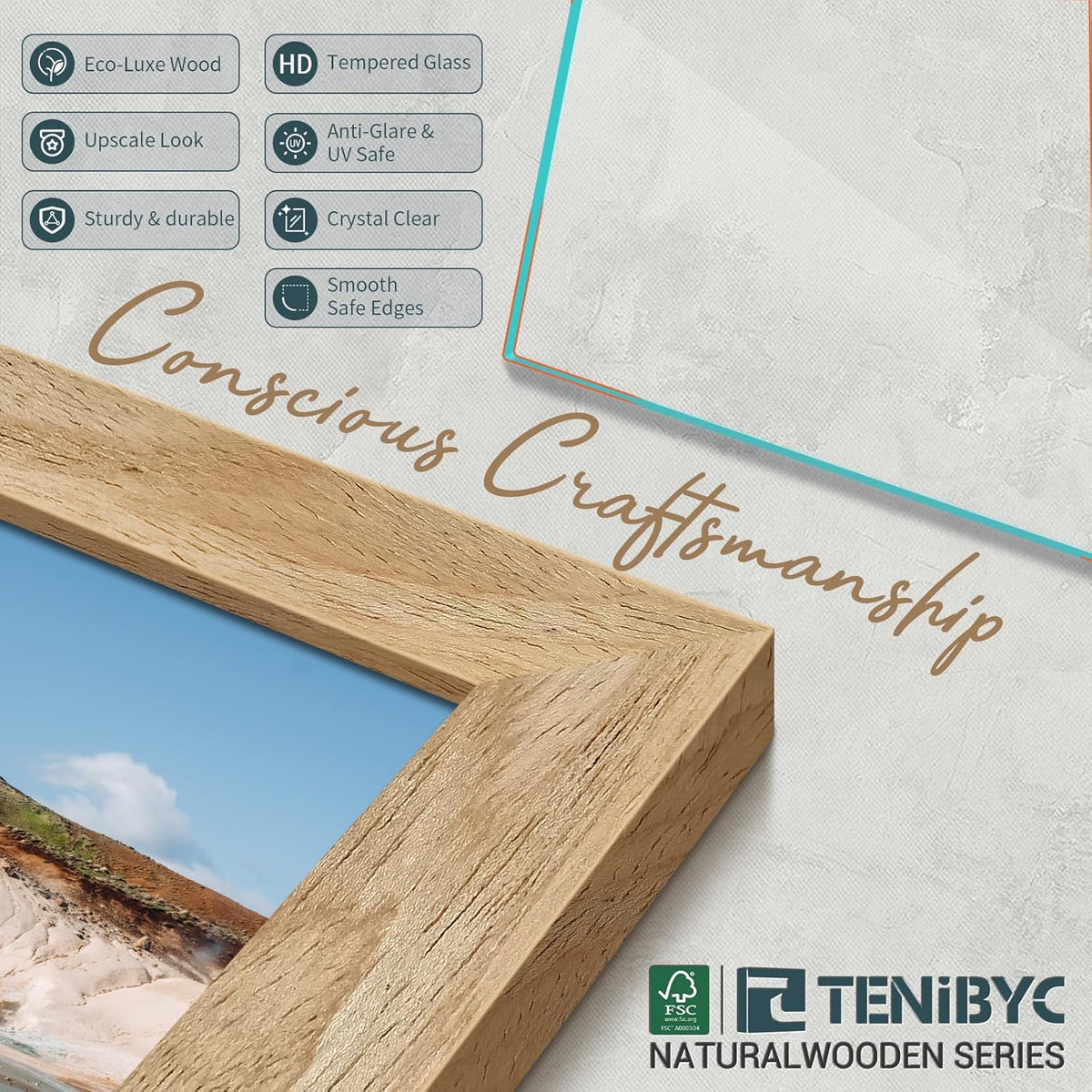 8.5x11 Picture Frame Set - 4 Pack, Natural Solid Wood, HD Tempered Glass, Elegant Wood Grain Photo