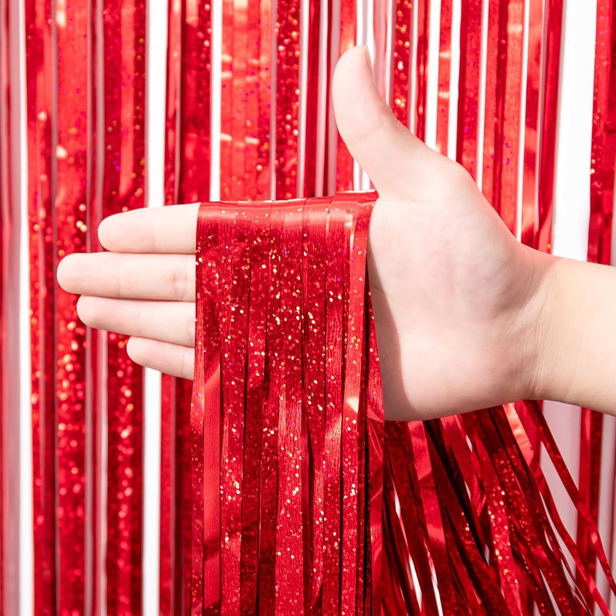 2 Pack Laser Red Foil Fringe Backdrop Curtains, Tinsel Streamers Birthday Party Decorations, Fringe