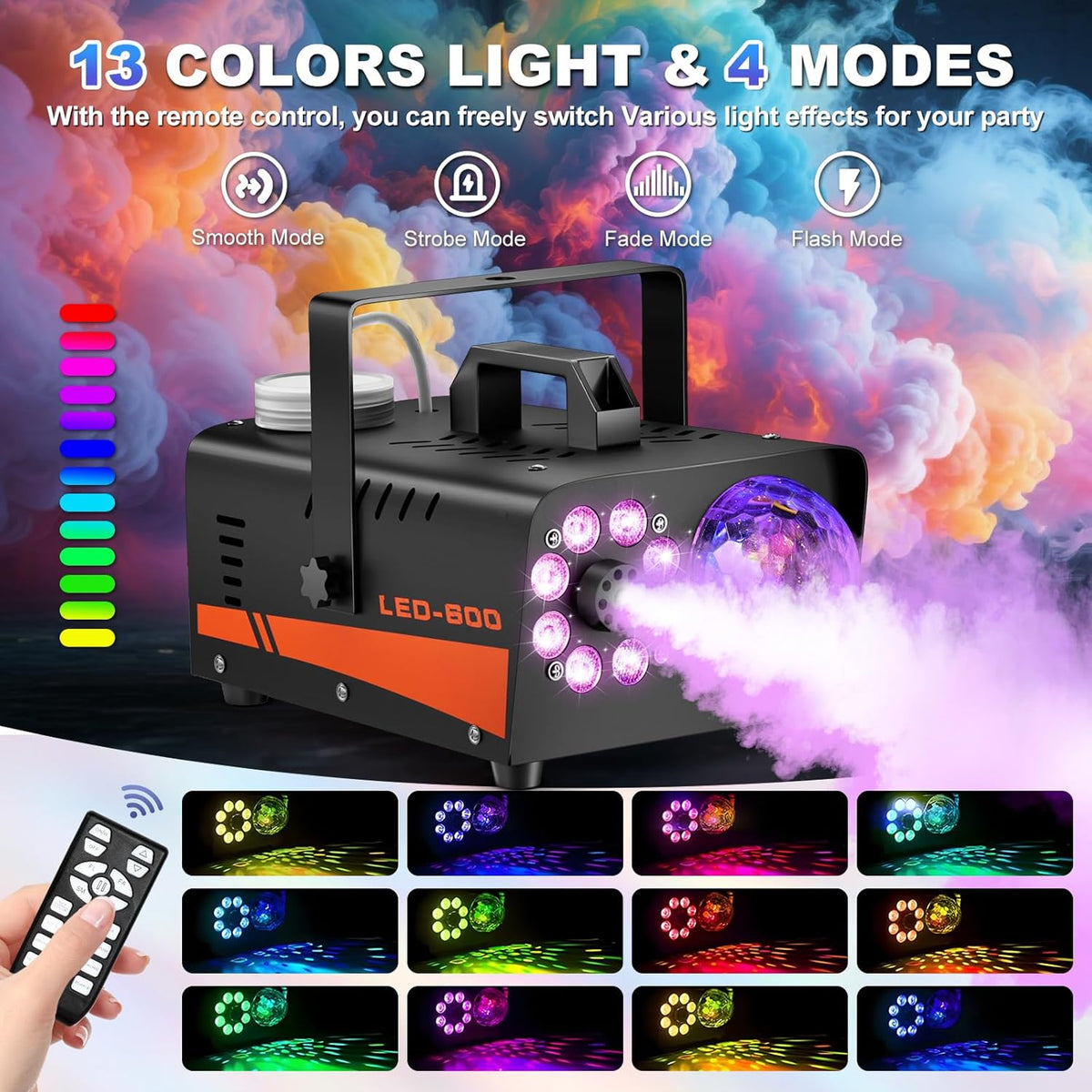 Fog Machine, Halloween Smoke Machine with Disco Ball Lights, 600W and 3000CFM with 13-Color LED