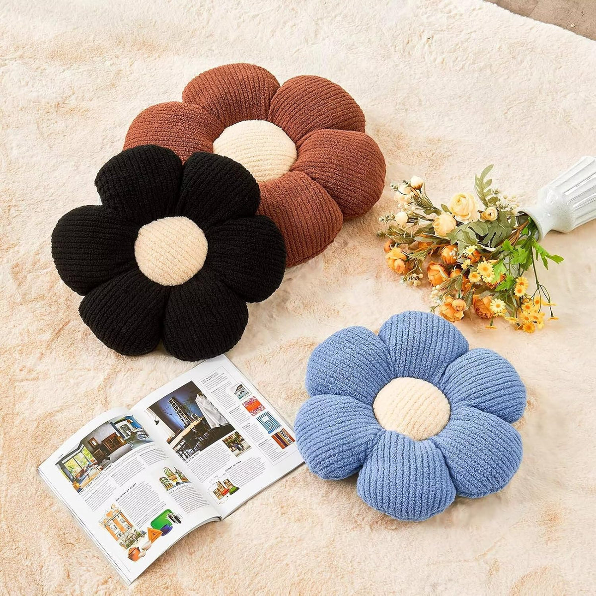 Flower Throw Pillow, Soft Brown 14.9" Shaped Floor Pillow for Home Decor, Cute Aesthetic Plush