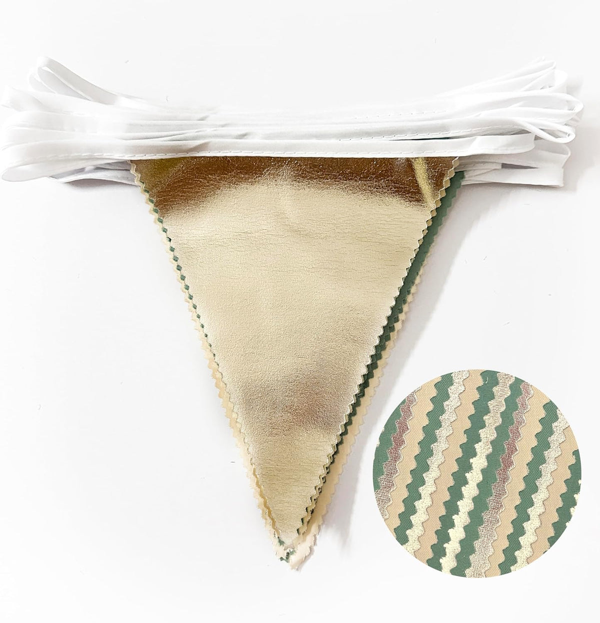 Sage Green Beige Champagne Gold Party Decorations Metallic Fabric Triangle Pennant Banner Bunting