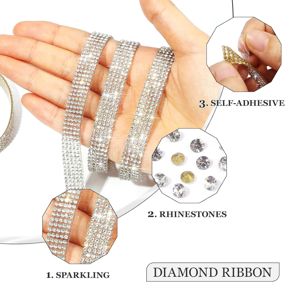 Rhinestone Ribbon 3 Yards Self Adhesive Rhinestone Strips Diamond Ribbon Sticker Crystal Roll