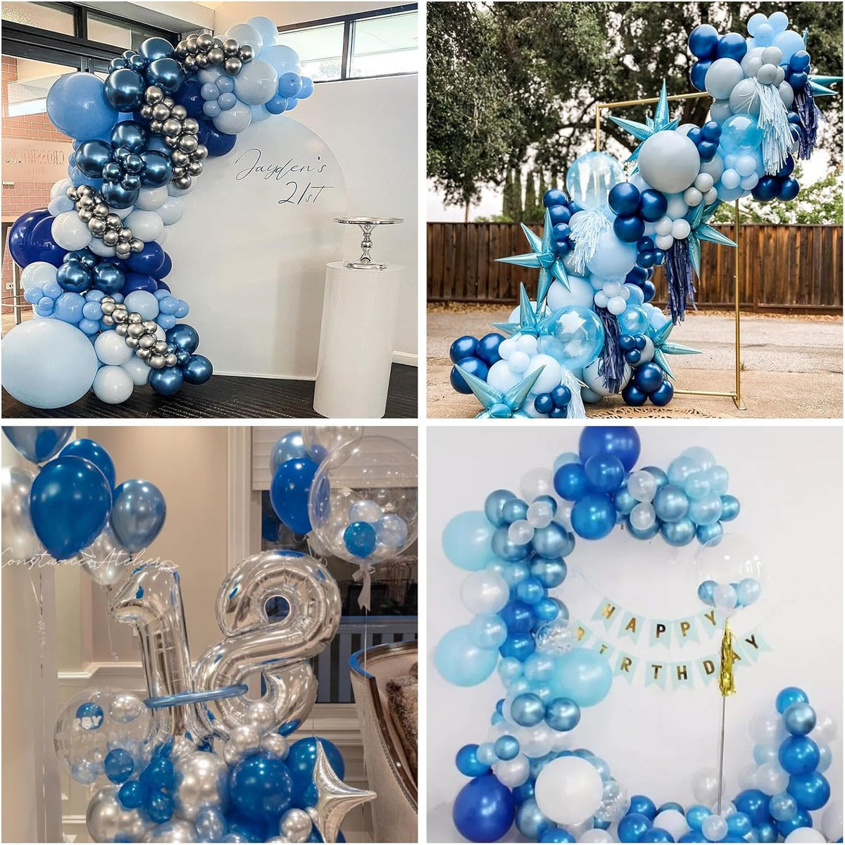 60 Pcs Blue and Silver Balloons, Navy Royal Blue Silver Party Balloons with Metallic Confetti