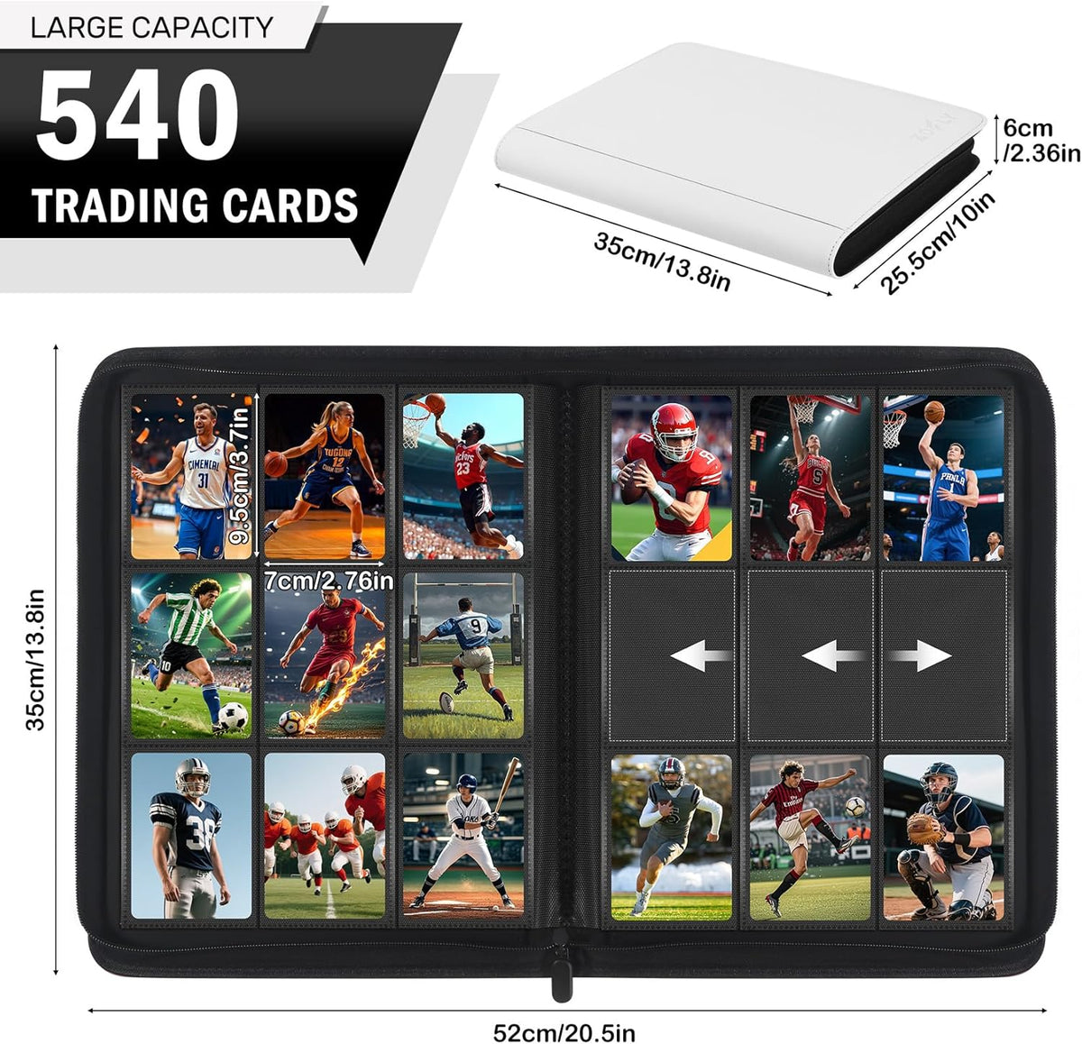 Trading Card Binder 9 Pocket, Zipper Binder Card Album Holds 540 Cards, 30 Pack Acid-Free Pages