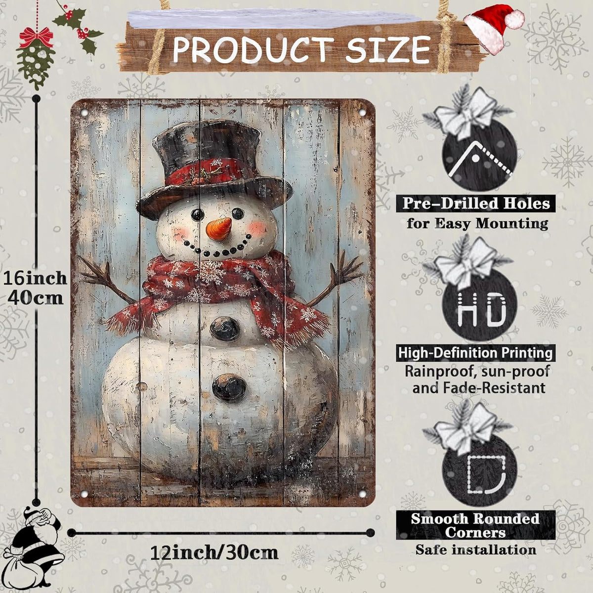 Vintage Christmas Metal Tin Sign Snowman Retro Wall Decor Christmas Tin Sign for Winter Outdoor
