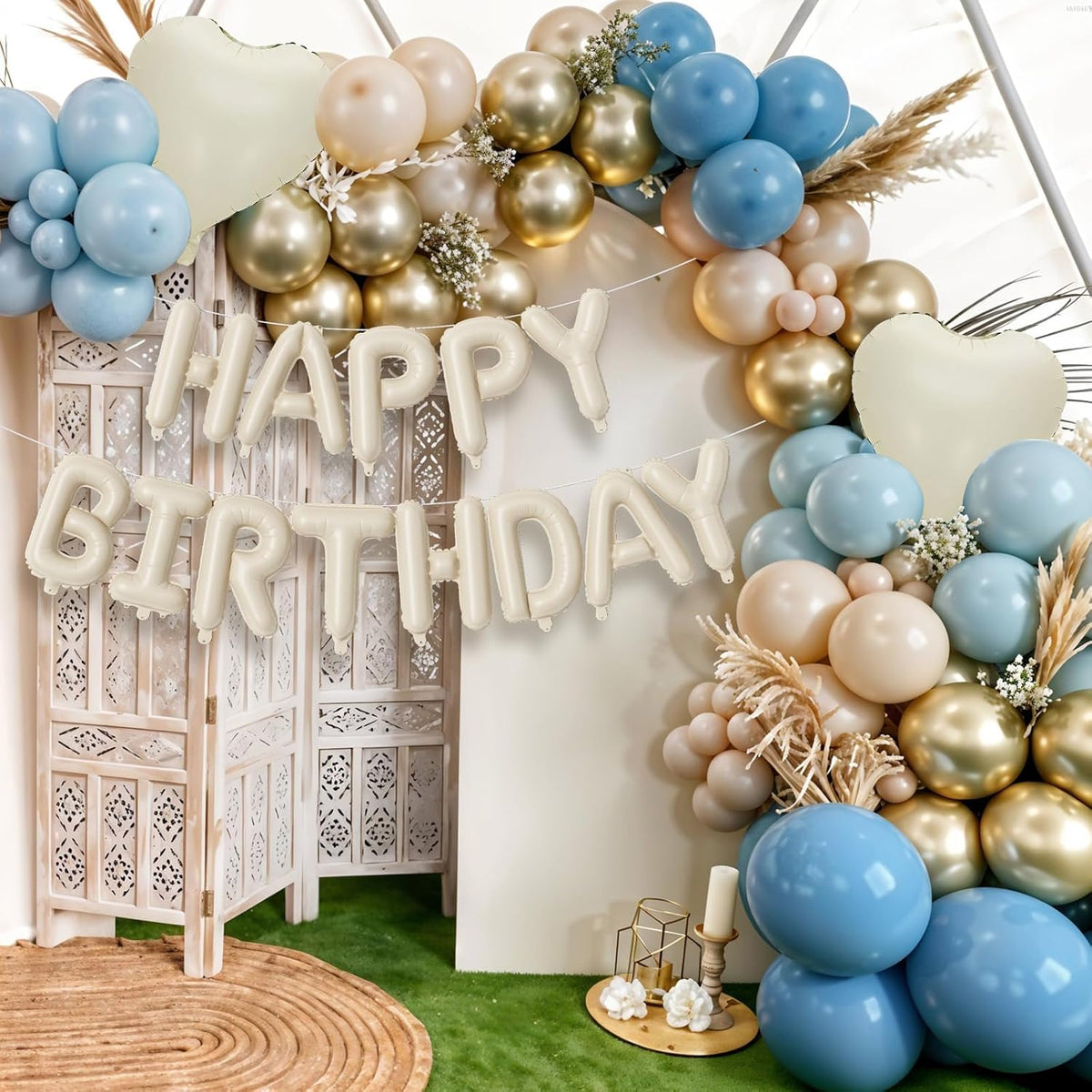 Happy Birthday Balloon Banner Cream Blue, 16 Inch Beige Mylar Letters Heart Foil Dusty Slate Blue
