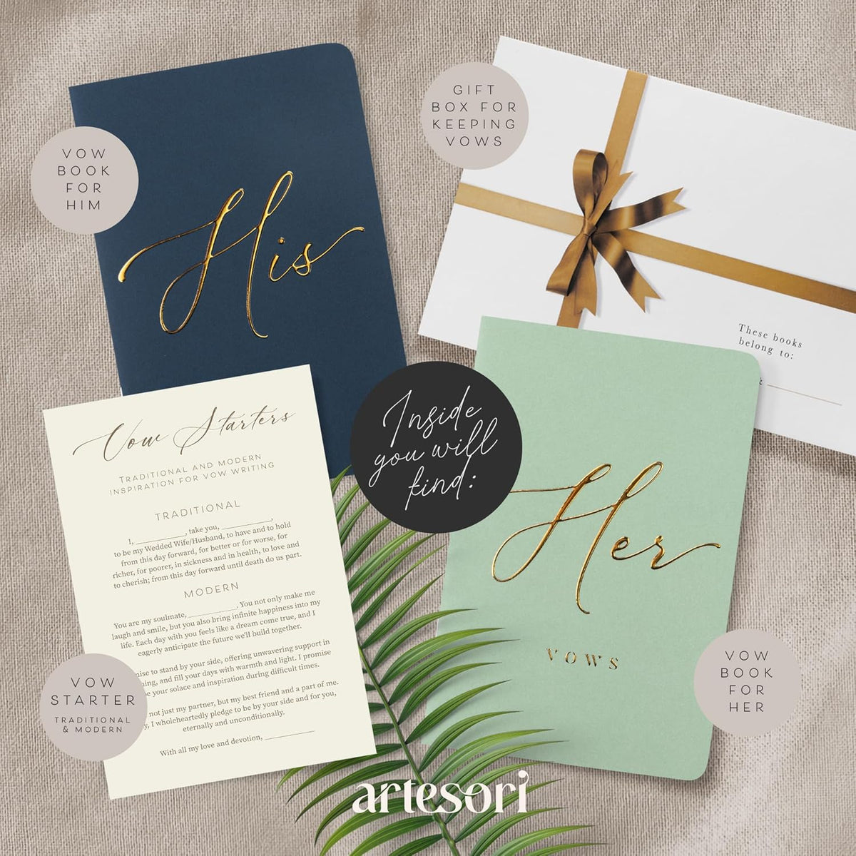 ARTESORI Wedding Vow Book for Her & Him, Soft Touch, Gold Engraving, 28 Lined Pages, Wedding Vow