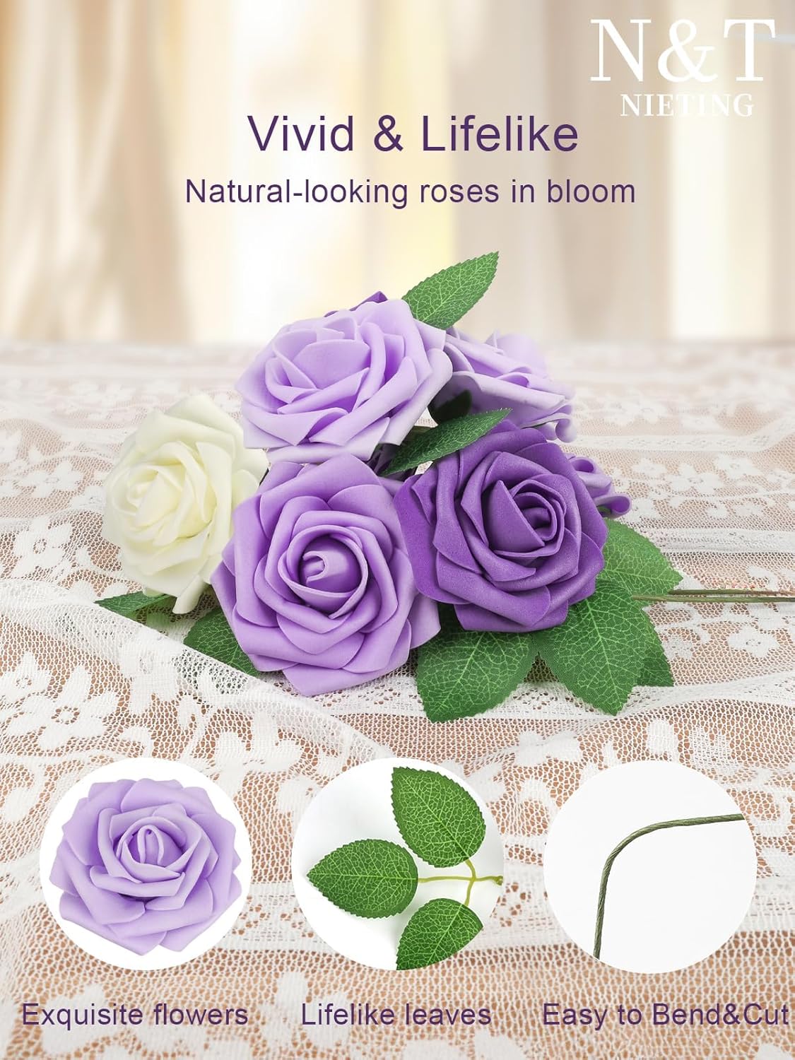 N&T NIETING Artificial Flowers, 25pcs Fake Flowers Rose with Stems Perfect for DIY Wedding