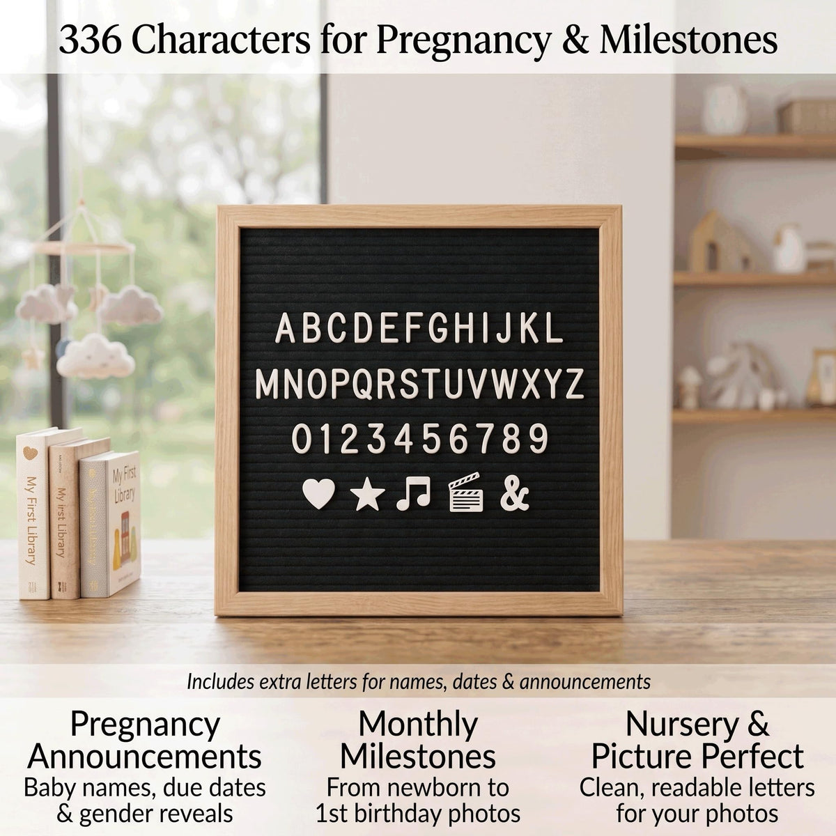 Black Felt Letter Board 10x10in, Baby Announcement Sign, 336 Letter Kit