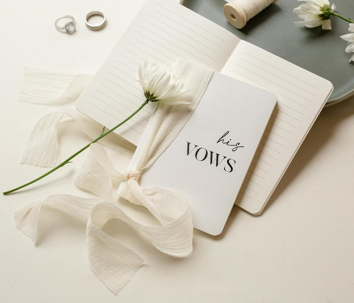White Vow Books with Ribbons (Set of 2) - 5.625 x 4 Minimalist Pocket Sized Wedding Ceremony Vow