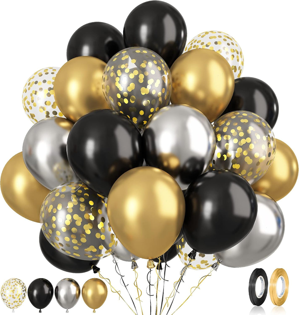 Paready Black and Gold Balloons, 60 Pcs 12 Inch Gold Confetti Balloon, Latex Party Balloons with