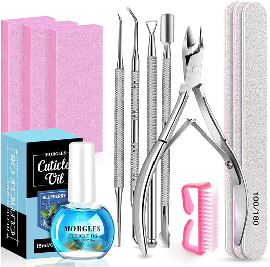 MORGLES Nail Files and Buffers Set, Manicure Kit for Women with Blueberry Cuticle Oil, 13 Pcs Nail