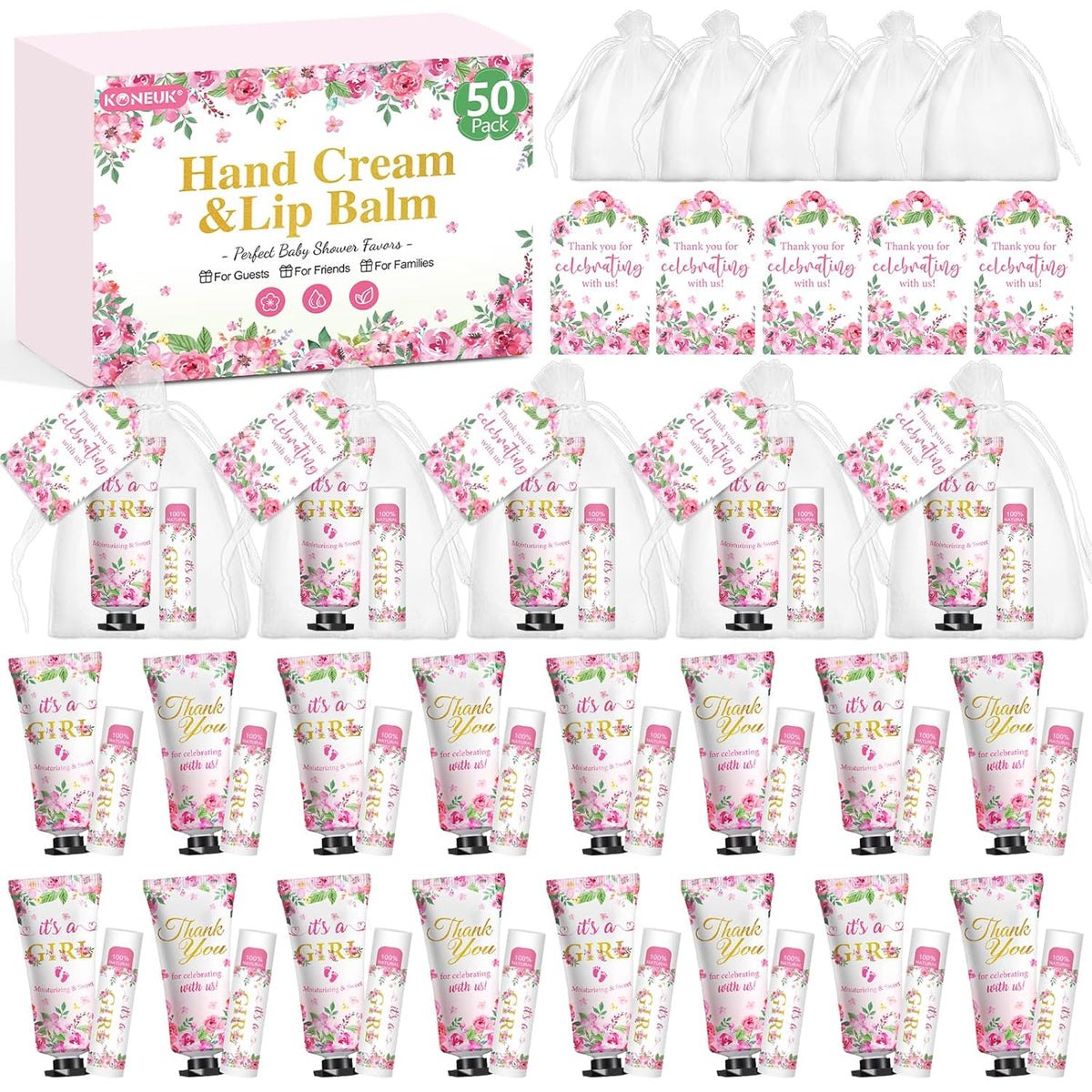 50 Pack Bulk Hand Cream and Lip Balm Gifts Sets, Baby Shower Favors and Bridal Shower Favors for