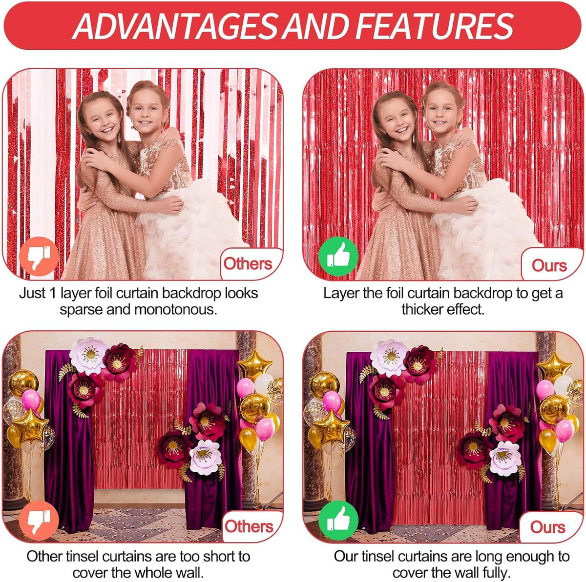Crosize 2 Pack 3.3 x 9.9 ft Red Foil Fringe Curtains Party Decorations, Red Tinsel Curtain Backdrop