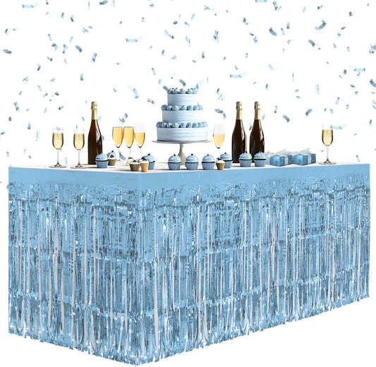 1 Pack Light Blue Table Skirts, 29x108" Metallic Foil Tinsel Fringe Table Skirts for Rectangle