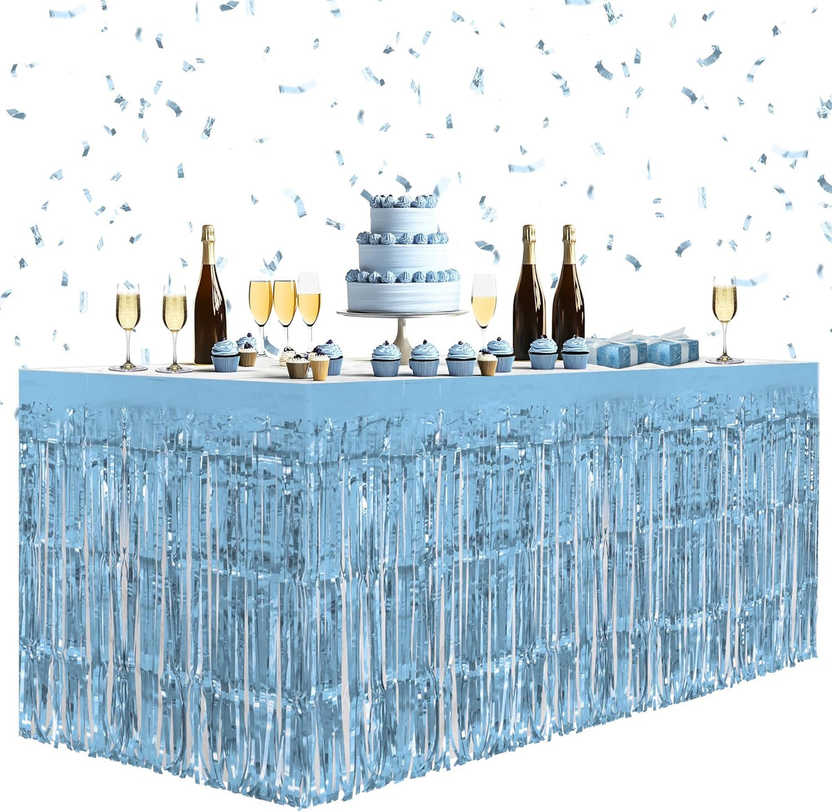 2 Pack Light Blue Table Skirts, 29x108" Metallic Foil Tinsel Fringe Table Skirts for Rectangle