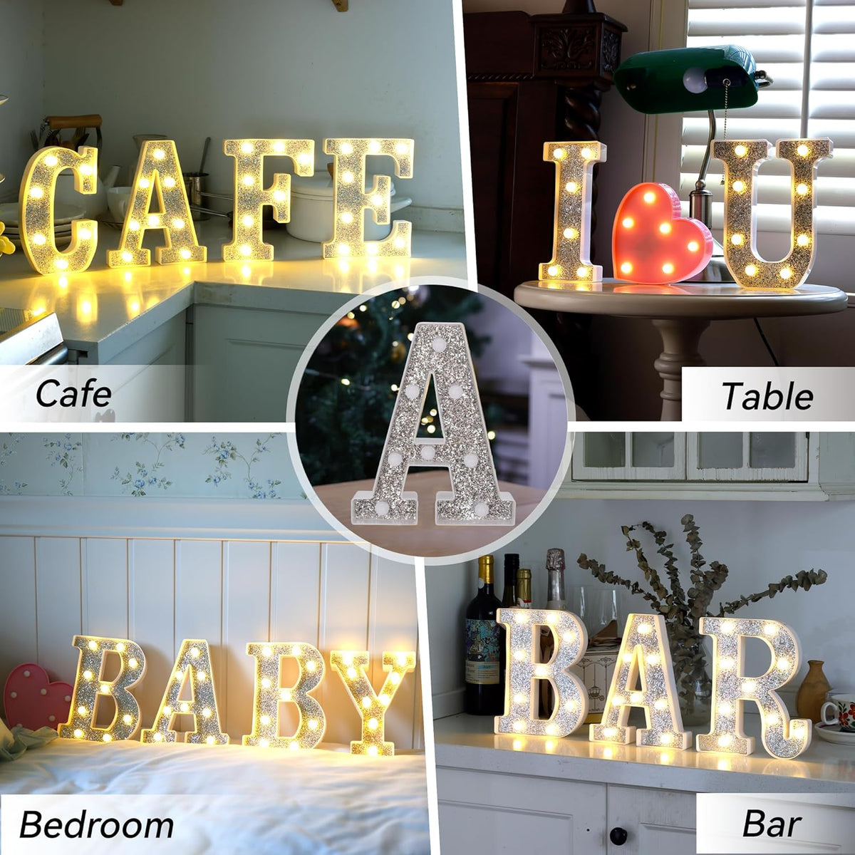 Marquee Light Up Letters, Glitter Silver LED Letter Lights Battery Powered 26 Alphabet Letter Sign
