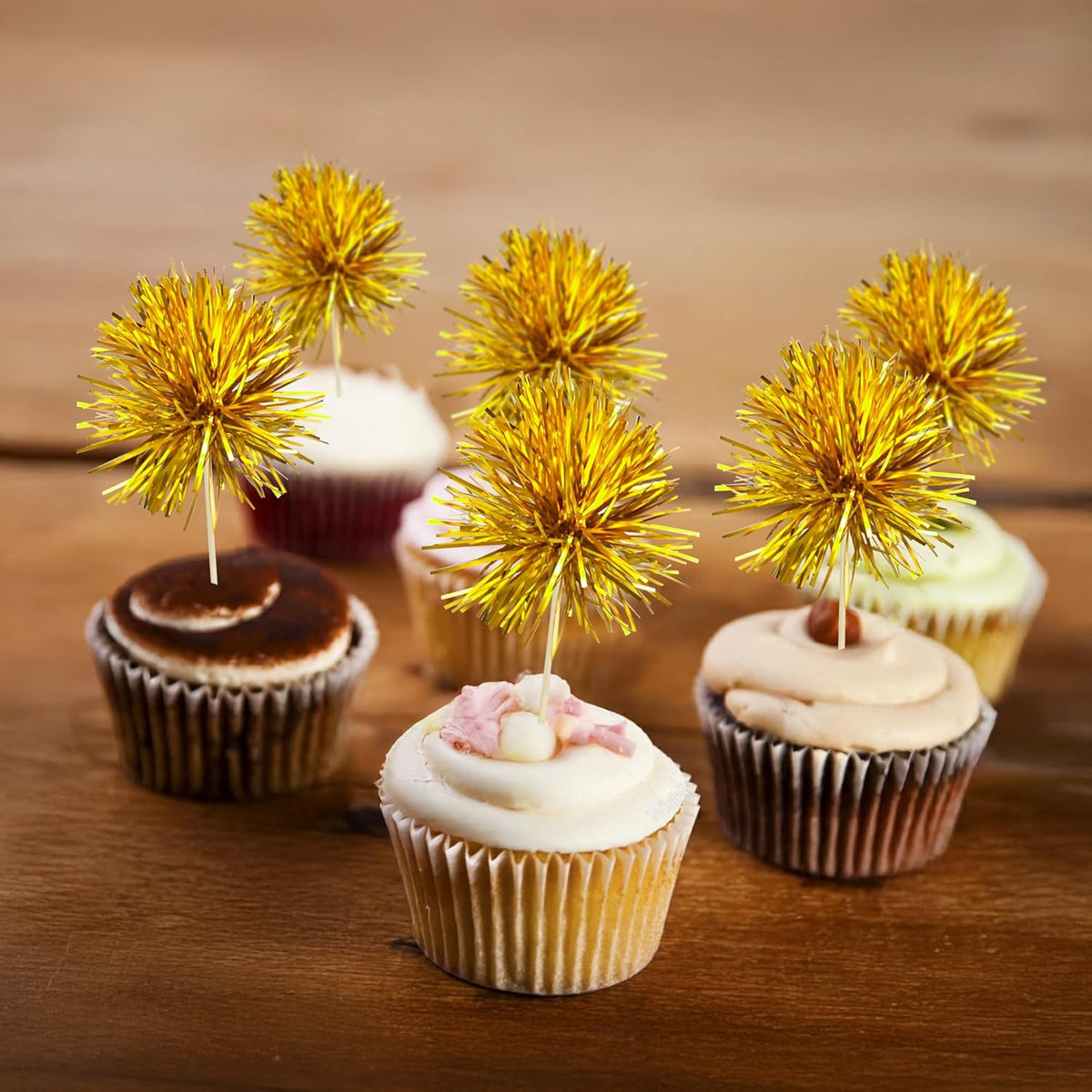 Gyufise 30Pcs Foil Firework Cupcake Toppers Sparkle Tinsel Cake Toppers Tinsel Drink Cake