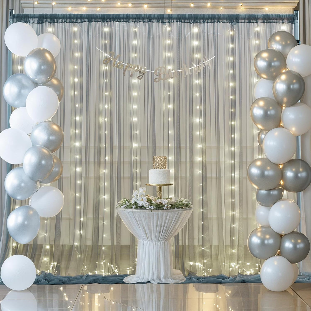 Silver Grey Tulle Backdrop Curtain with Lights String for Parites 10x10ft Sheer Backdrop Curtains