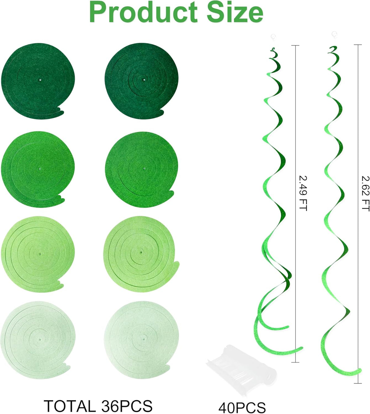 36Pcs Green Hanging Swirl Decorations Ombre Green Felt Swirl Streamer Spiral Ceiling Garland for