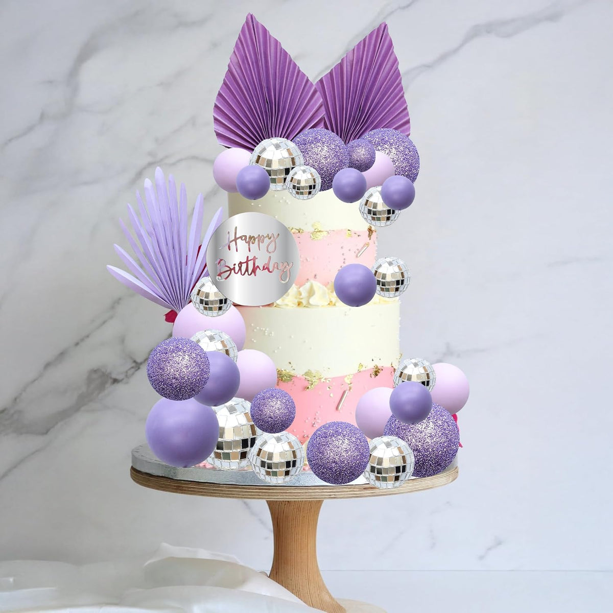 Ephlyn 33 Pack Balls Cake Toppers Boho Palm Leaves Cake Decorations Round Acrylic Happy Birthday