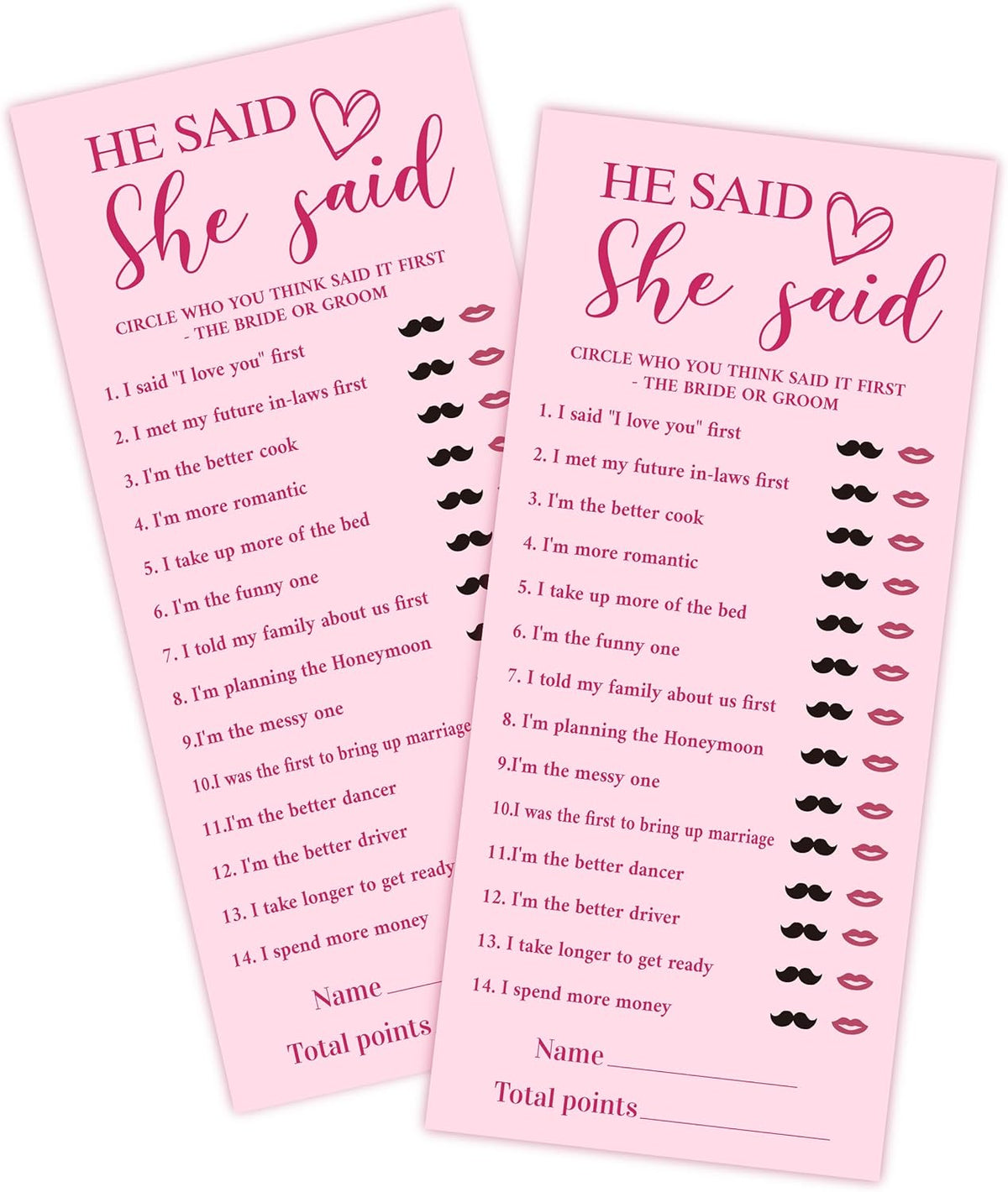4x9 Inch Bridal Shower Party Games, He Said She Said, Pink Wedding Shower Games Cards for 25