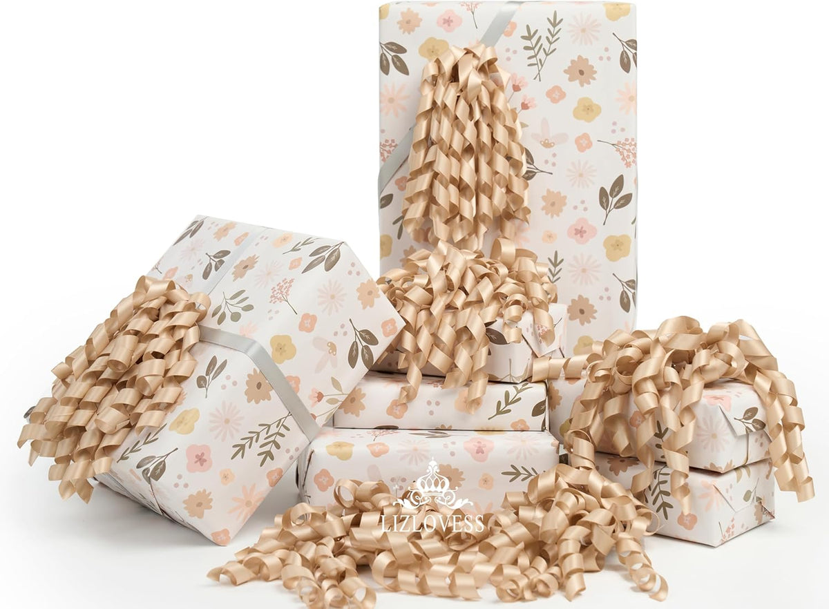 6 Inch Champagne Curly Bows for Gift Wrapping Set of 6, Self Adhesive Bows Champagne Gold Gift Bows
