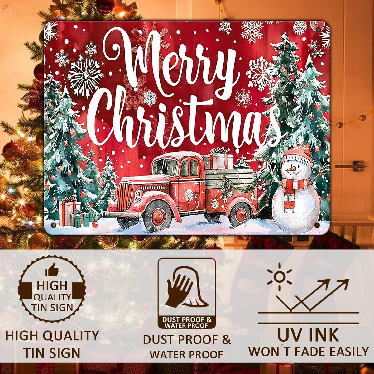 Christmas Truck Metal Tin Sign Merry Christmas Sign Funny Snowman Tin Sign Christmas Tree House