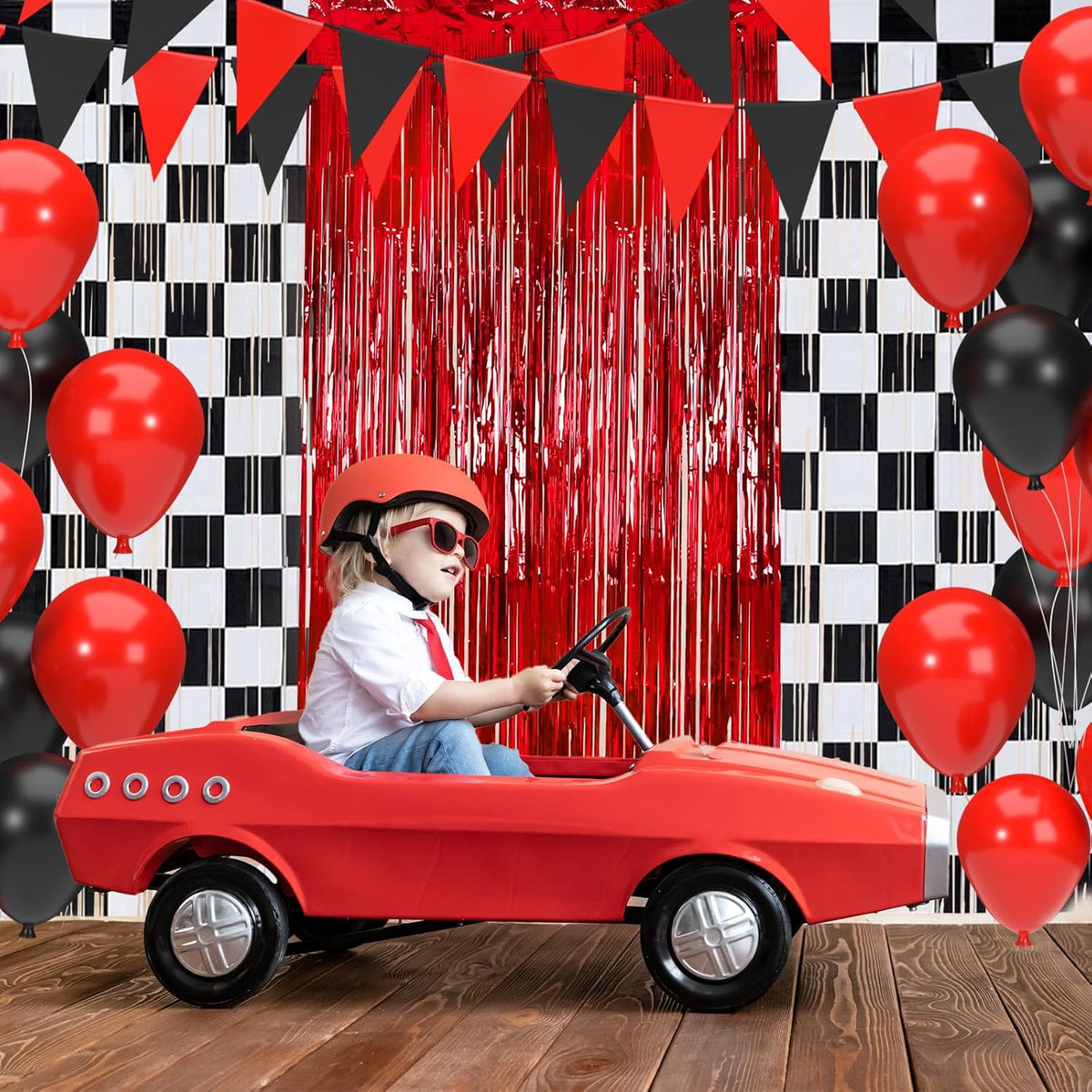 3 Pcs Racing Cars Foil Fringe Curtain Red Black White Checkered Photo Booth Props Tinsel Streamer