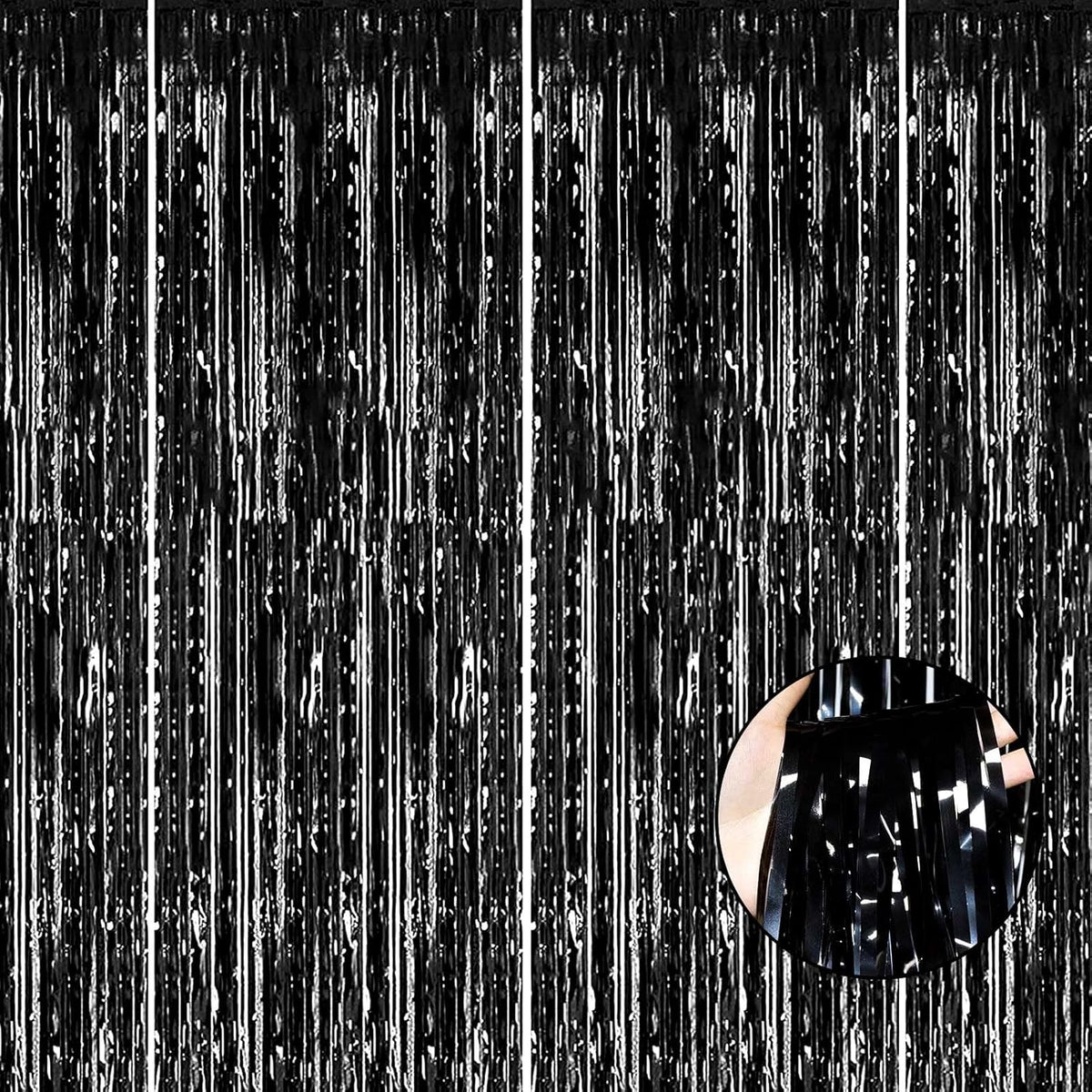 4 Pack Black Foil Fringe Curtain Backdrop, 3.28Ft x 8.2Ft Metallic Tinsel Streamer Curtains for