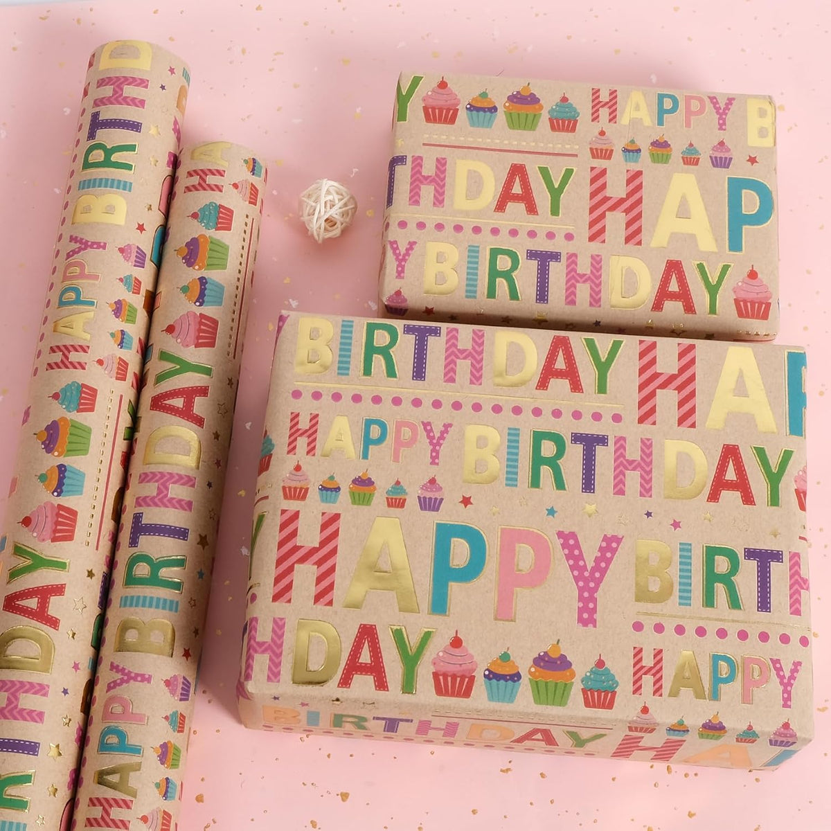Aimyoo Colorful Birthday Wrapping Paper Roll - 17 Inch X 32.8 Feet - Gold Foil Happy Birthday