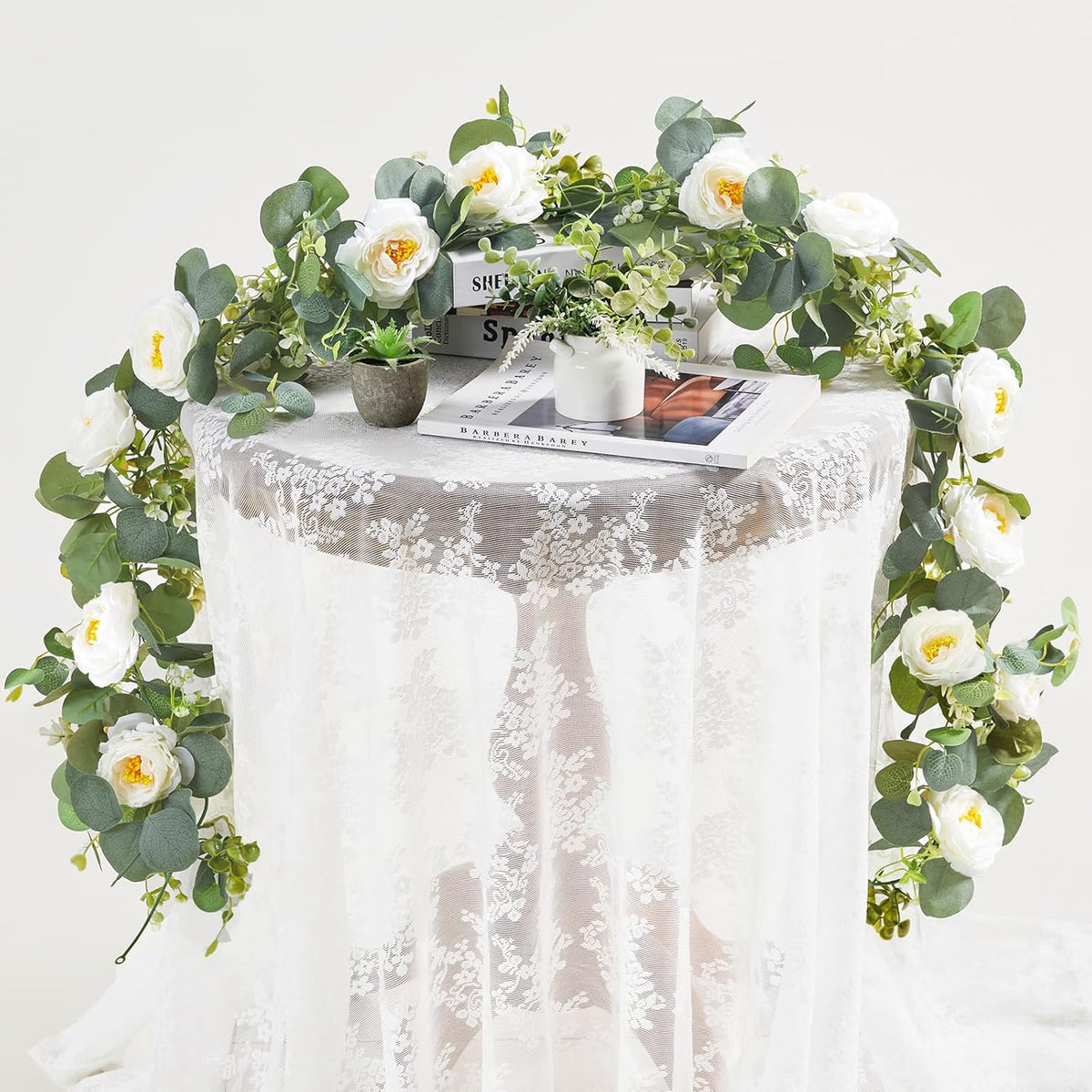 2 Pack 12Ft Artificial Eucalyptus Flower Garland with White Roses, Fake Flowers Greenery Garland