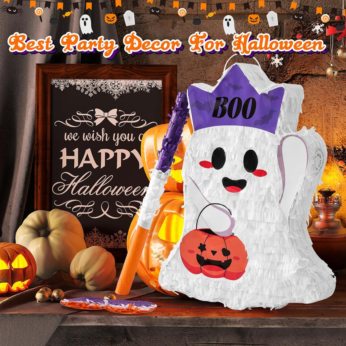 VINTS Halloween Piñata,Cute Ghost Piñata with Blindfold Stick,Pinata for Kids Birthday Party,Trick