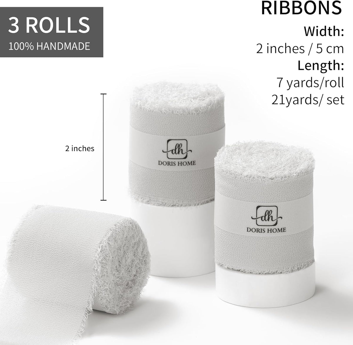 DORIS HOME Light Grey Chiffon Ribbon for Flower Bouquet, 2" x21Yd Fabric Ribbon for Gift Wrapping