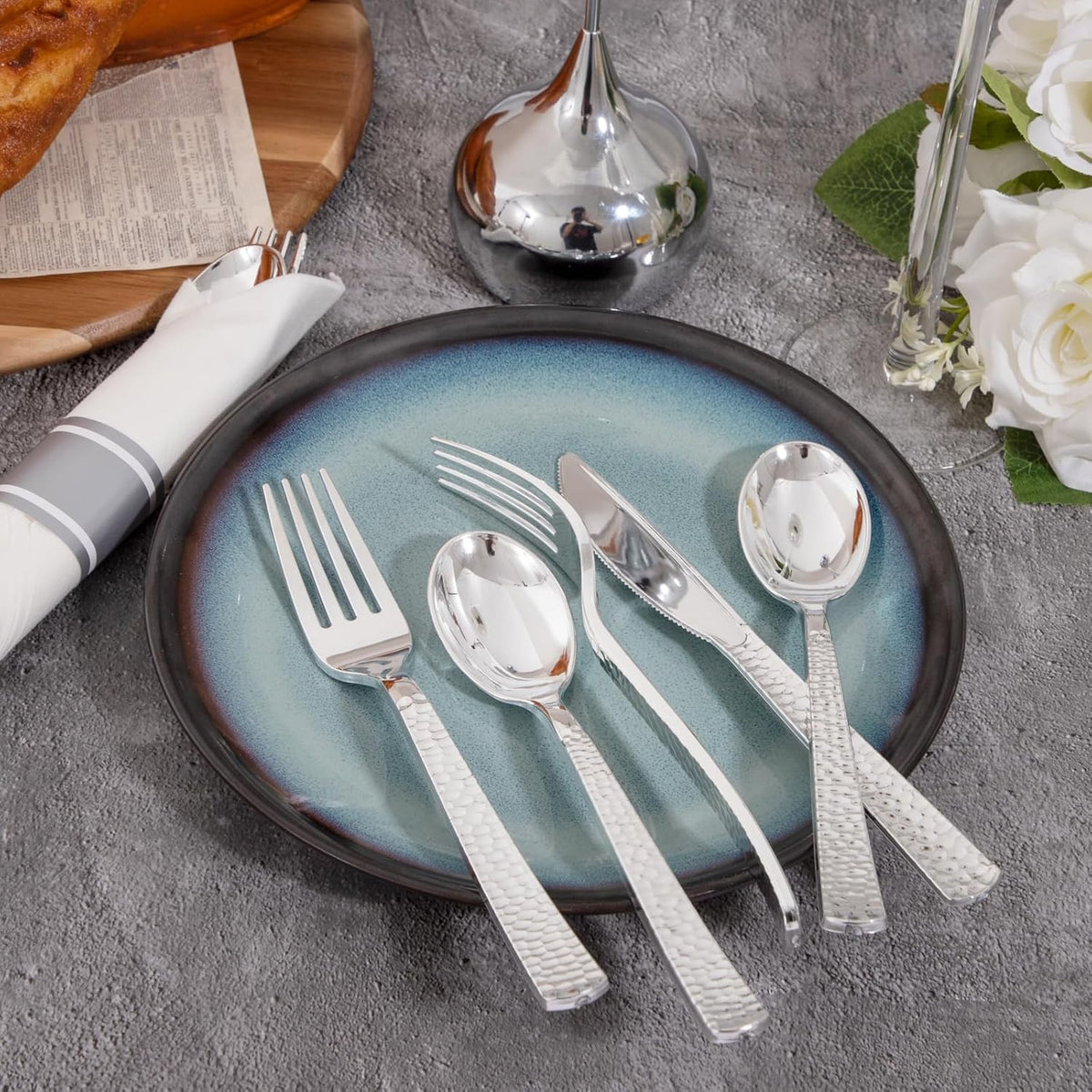 400PCS Pre Rolled Silver Plastic Silverware Sets - Heavy Duty Hammered Silver Cutlery - Include 100