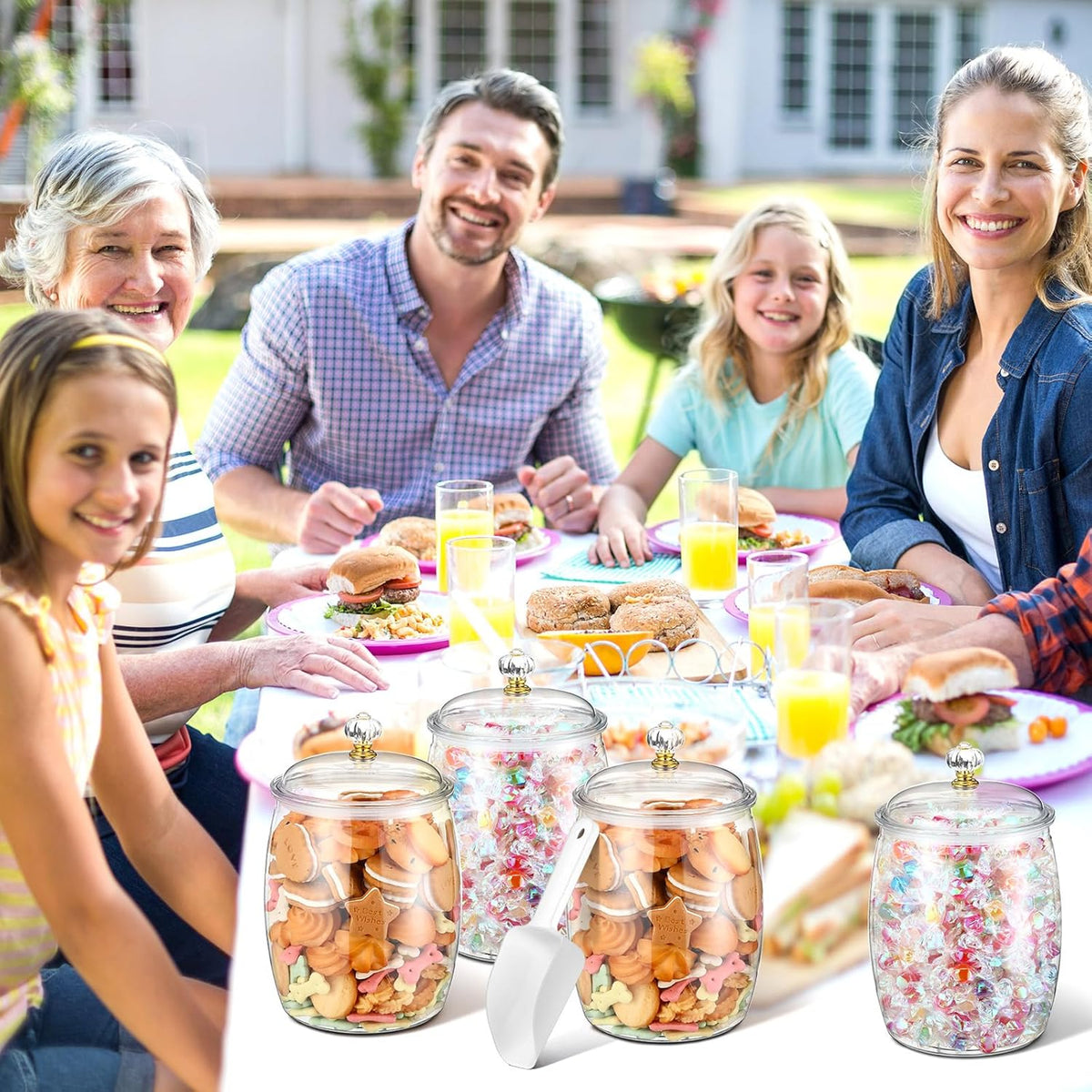 Nuogo 4 Pcs Plastic Candy and Cookie Jars with Lids Clear Cookie Container Candy Jars Large