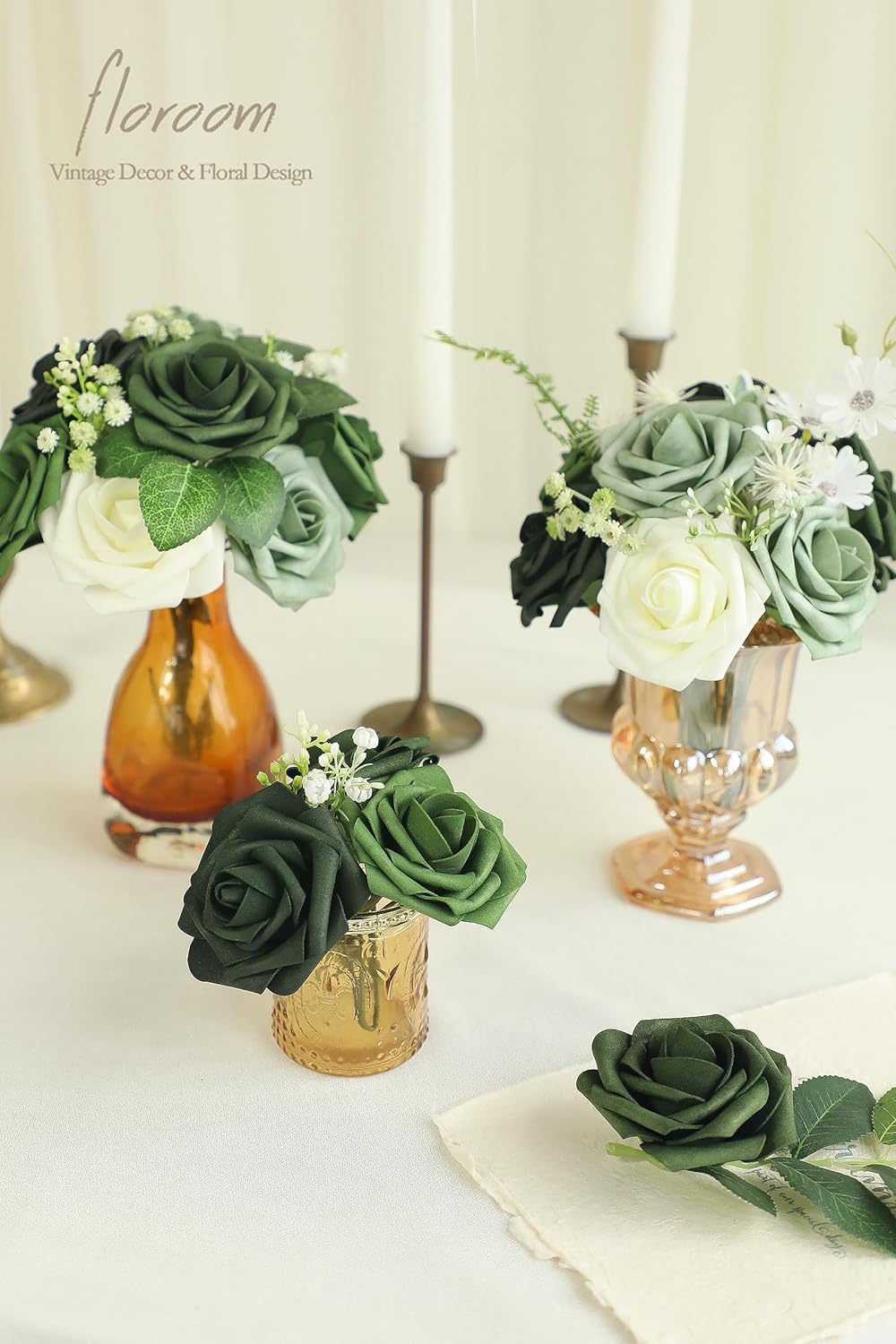 Floroom Artificial Flowers 25pcs Real Looking Emerald Green Foam Fake Roses with Stems for DIY