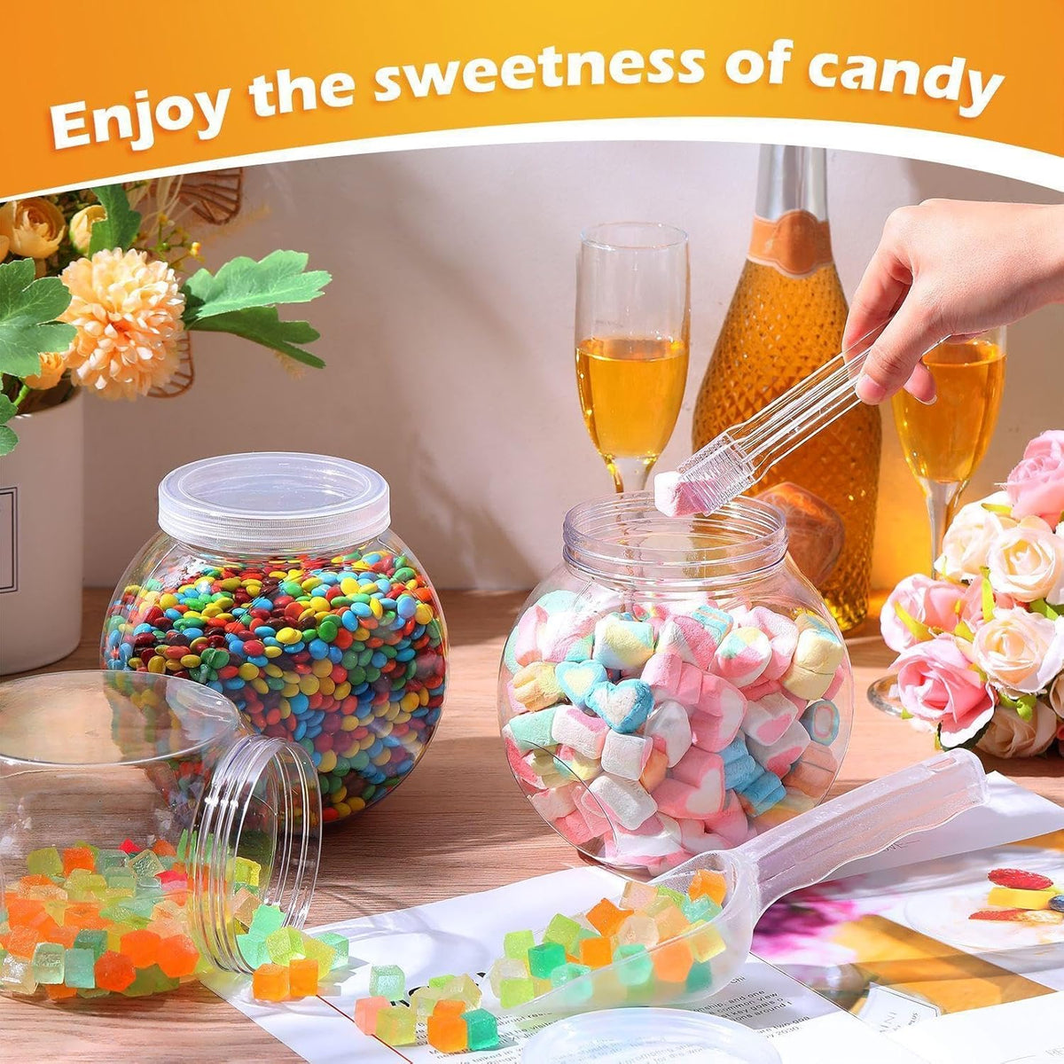 Sunnyray 6 Sets 51 oz Plastic Candy Jars for Candy Buffet with Lids Clear Bar Jars with Scoops and