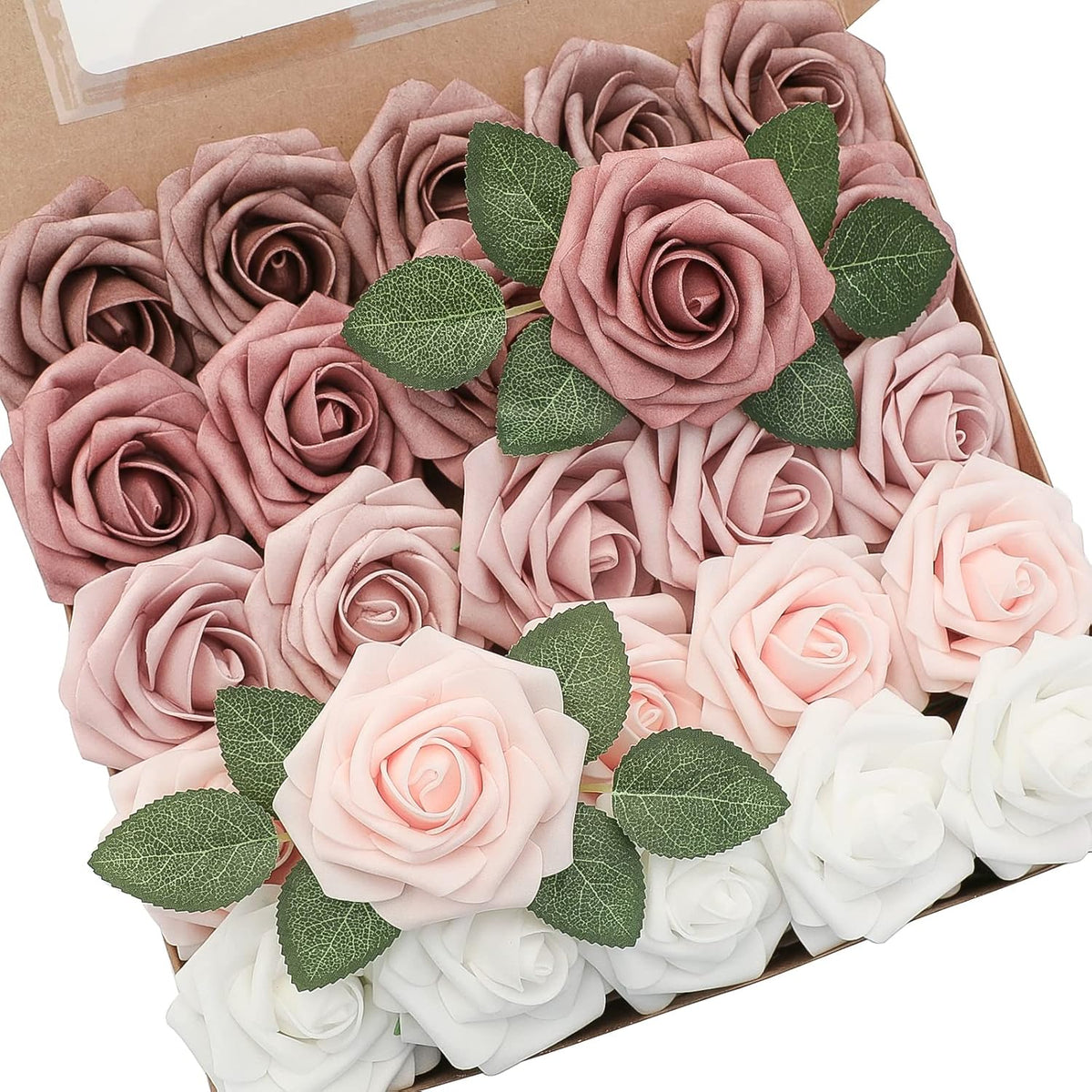 Floroom Artificial Flowers 25pcs Real Looking Dusty Rose Ombre Colors Foam Fake Roses with Stems