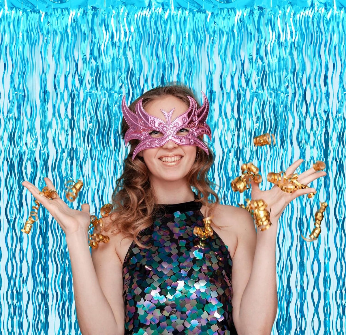 GOER 3.2 ft x 6.5 ft Metallic Tinsel Foil Fringe Curtains Party Photo Backdrop Party Streamers for