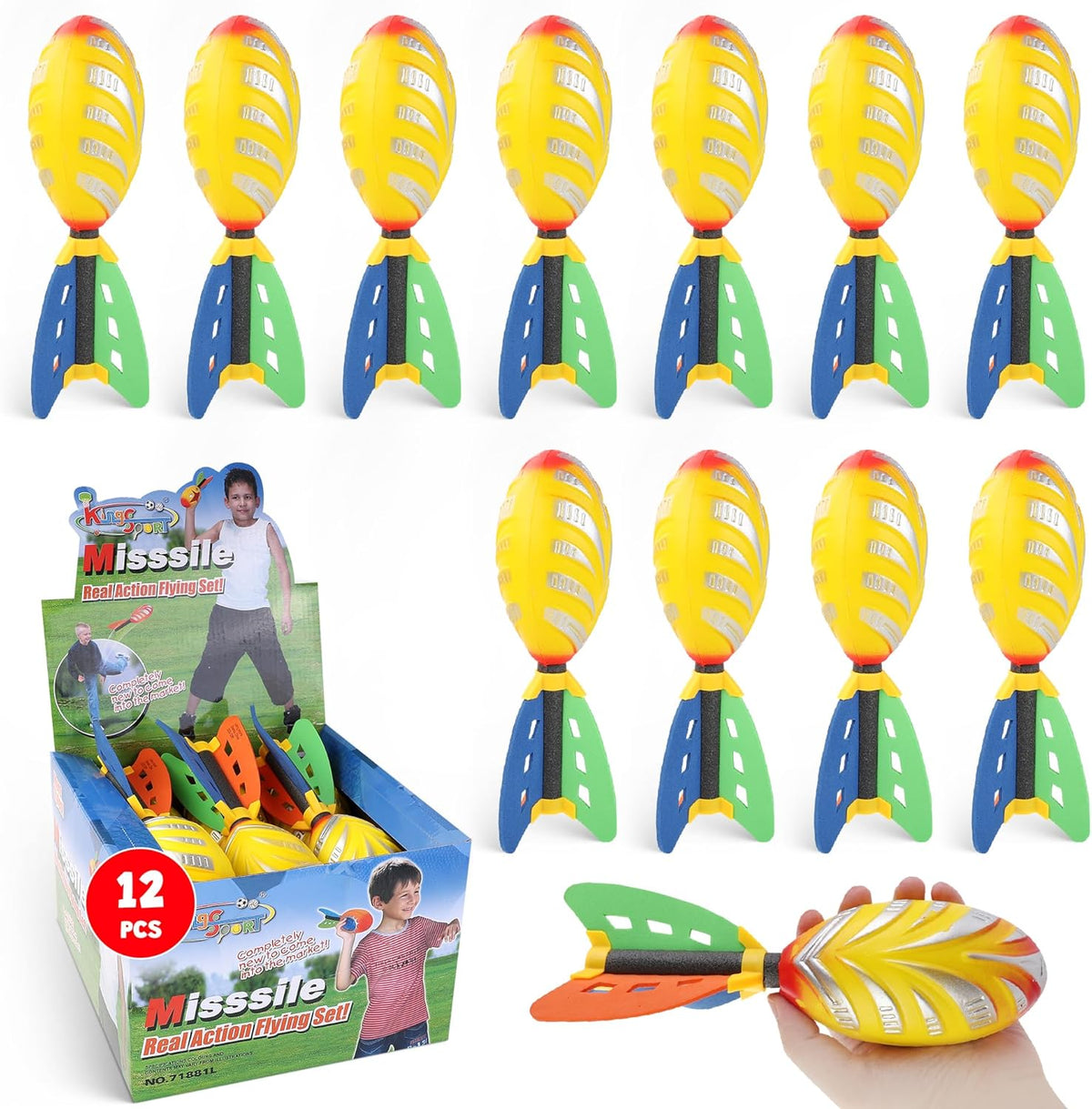12 Pack Flying Foam Foam Missile Footballs with Tails, Sports Aero Pocket Flyers Toys for Kids