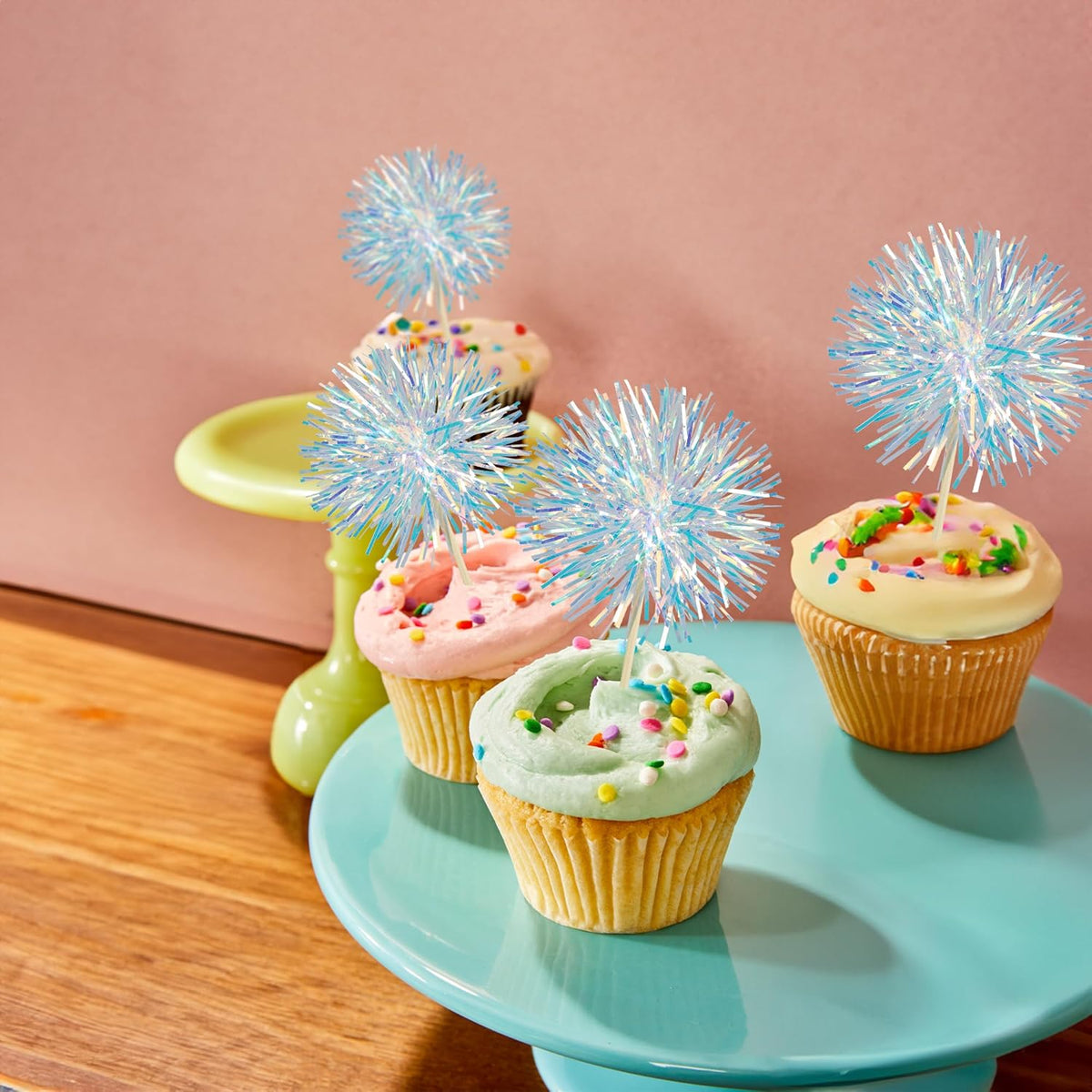 Ephlyn 30Pcs Foil Firework Cupcake Toppers Sparkle Tinsel Cupcake Picks Drink Stirrers Cocktail