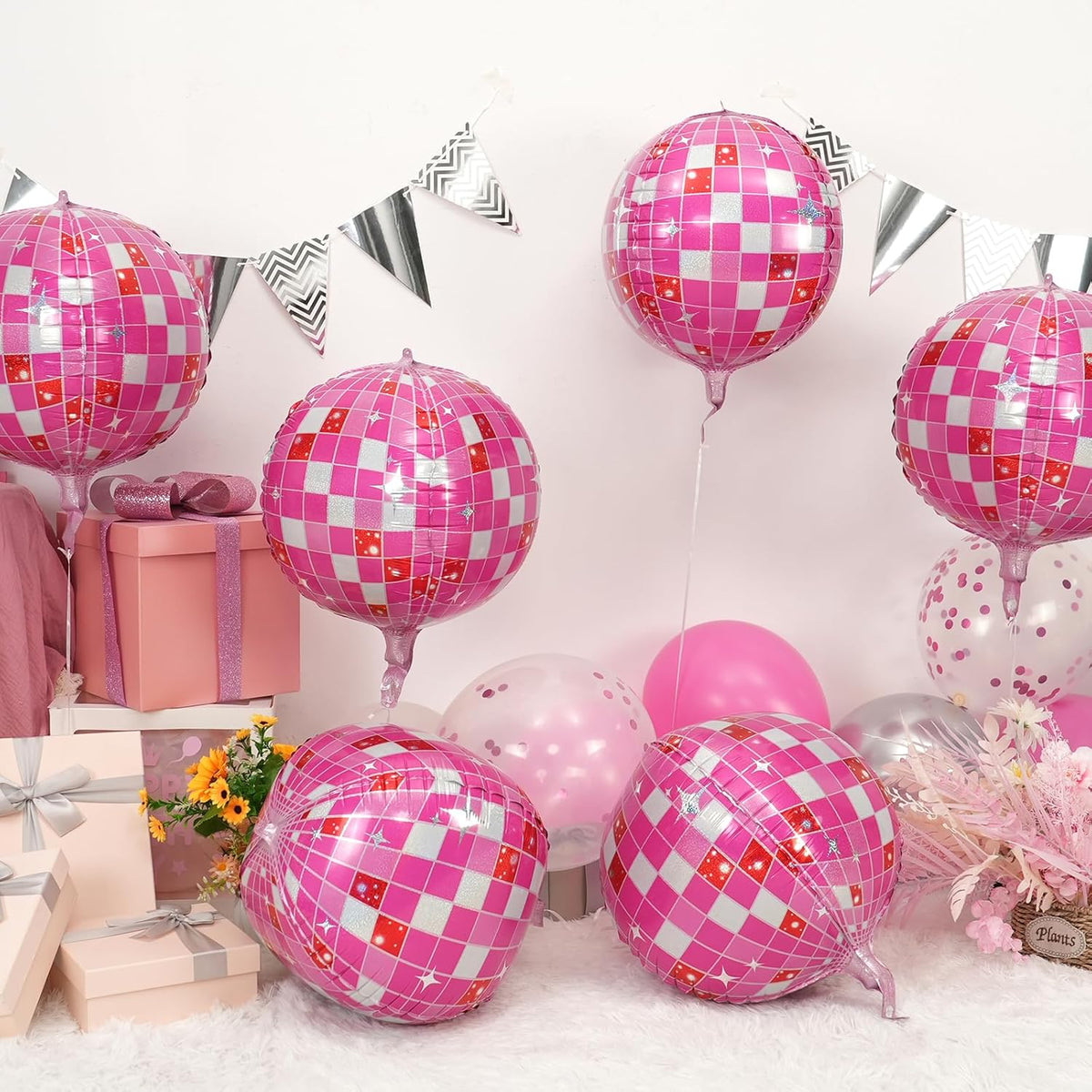 Disco Ball Balloons Pink 4PC,Foil Disco Balloons 22 Inch 4D Round Pink Balloon for 70s 80s Birthday