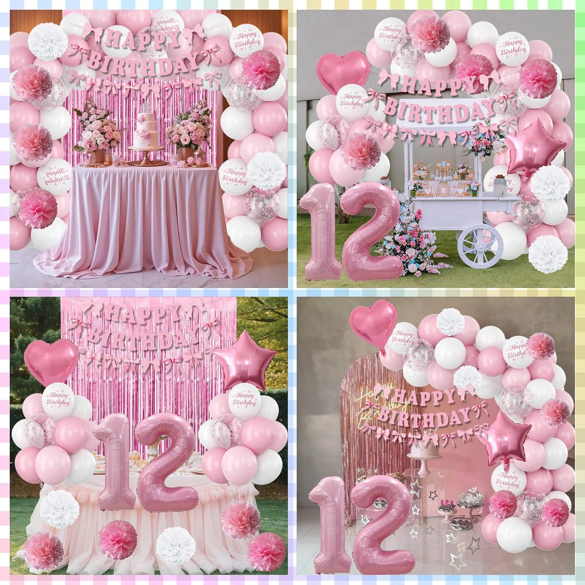 12th Birthday Decorations for Girls Pink Number 12 Balloon Bow Coquette Happy Birthday Banner