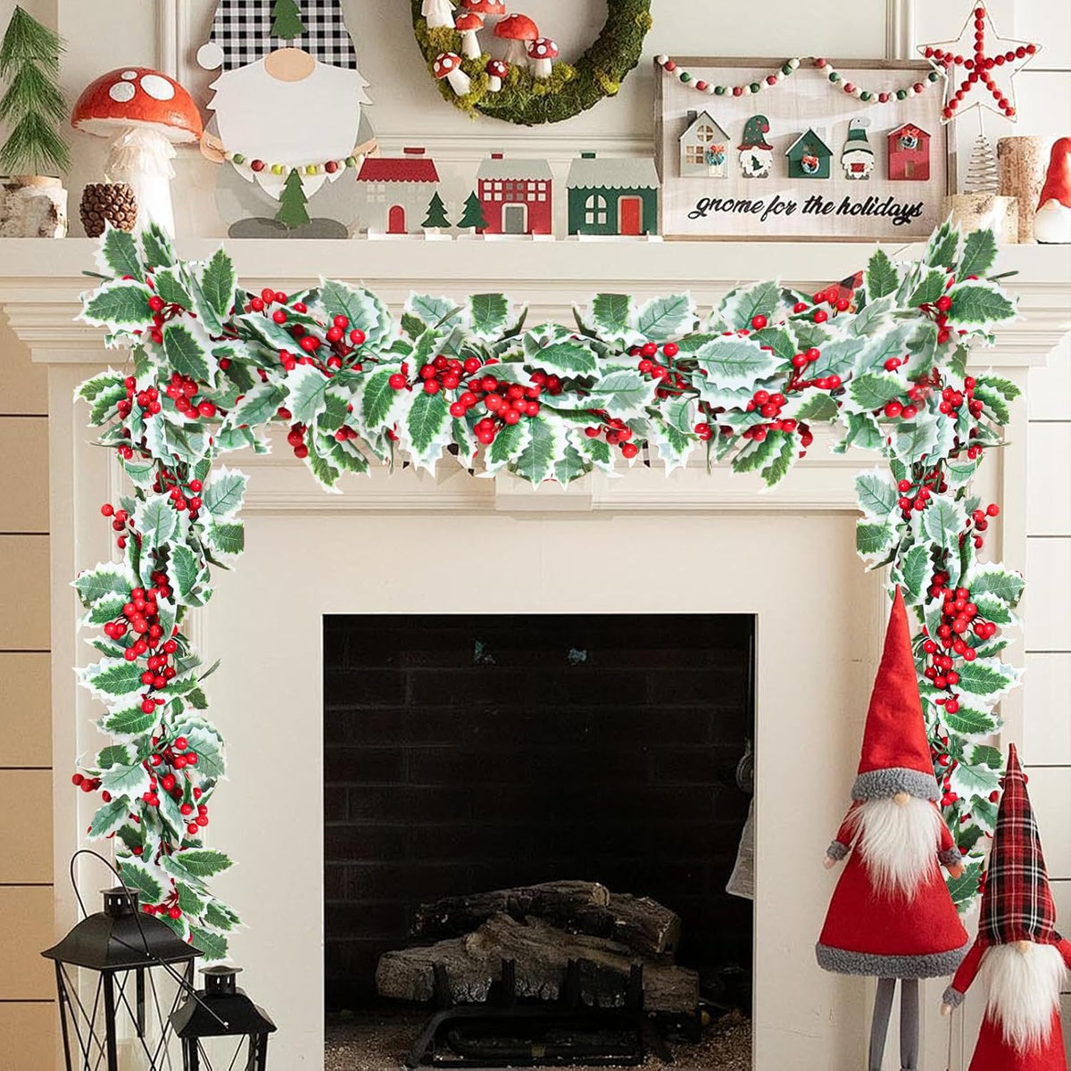MAKHOT 6Ft Eucalyptus Garland, Green Leaves Wreath Vines Garlands Decorations, Artificial Red Berry