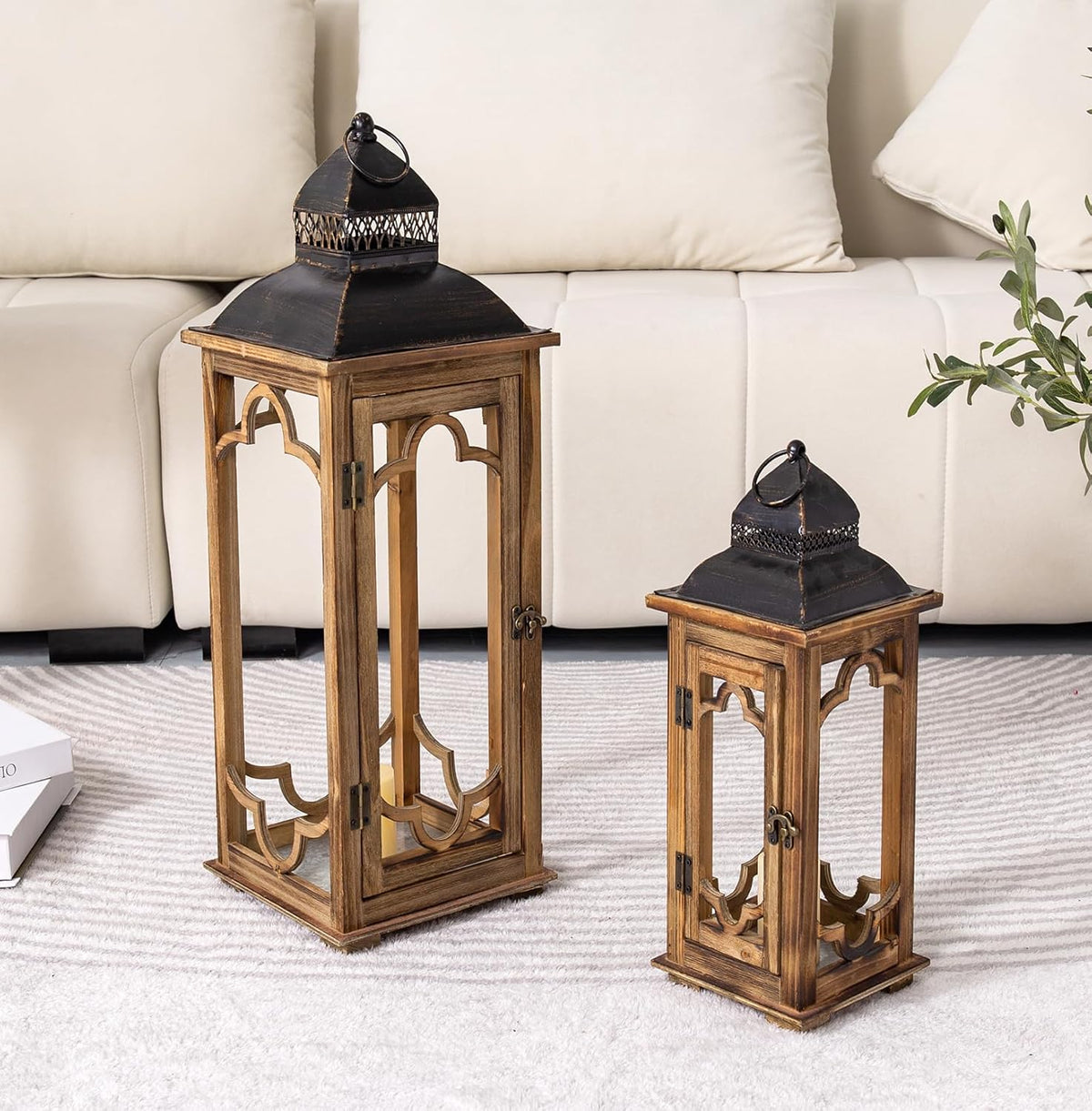 Large Farmhouse Decorative Wooden Lantern Set of 2, Rustic Brown Floor Lanterns, Indoor/Outdoor
