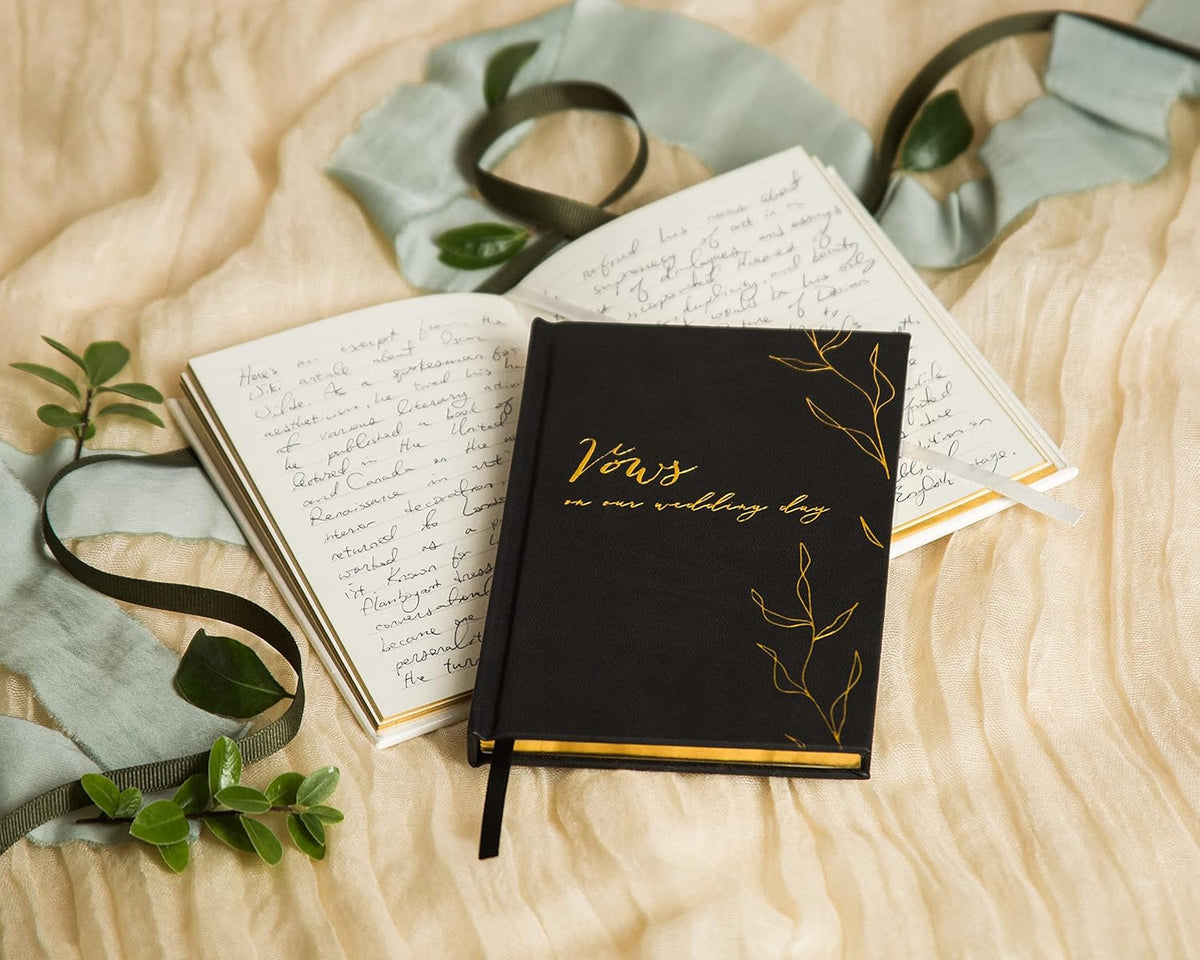MUUJEE Vows On Our Wedding Day Vow Books (Set of 2) - Black and White Gold Foil Embossed Notebook